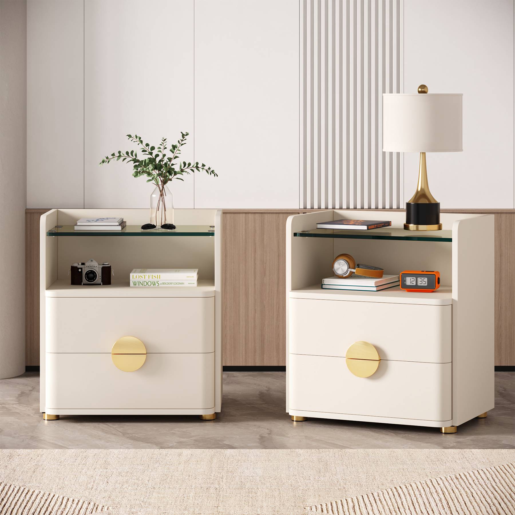 2-Drawer Nightstand, Modern Bedside Table with Open Storage (cm)