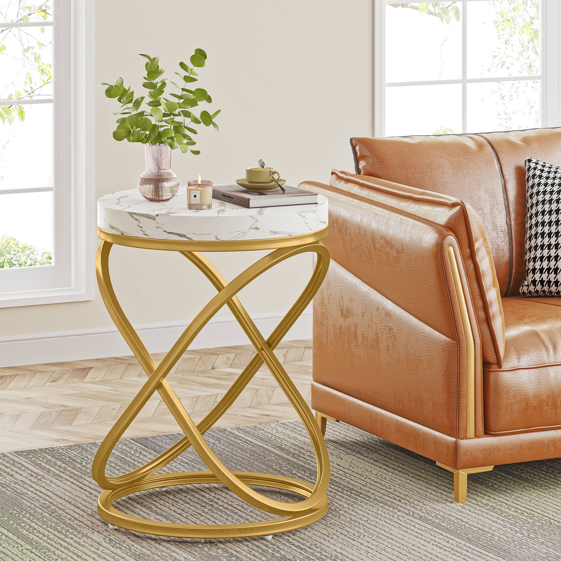 Round End Table, 26" Tall Sofa Side Table with Faux Marble Top