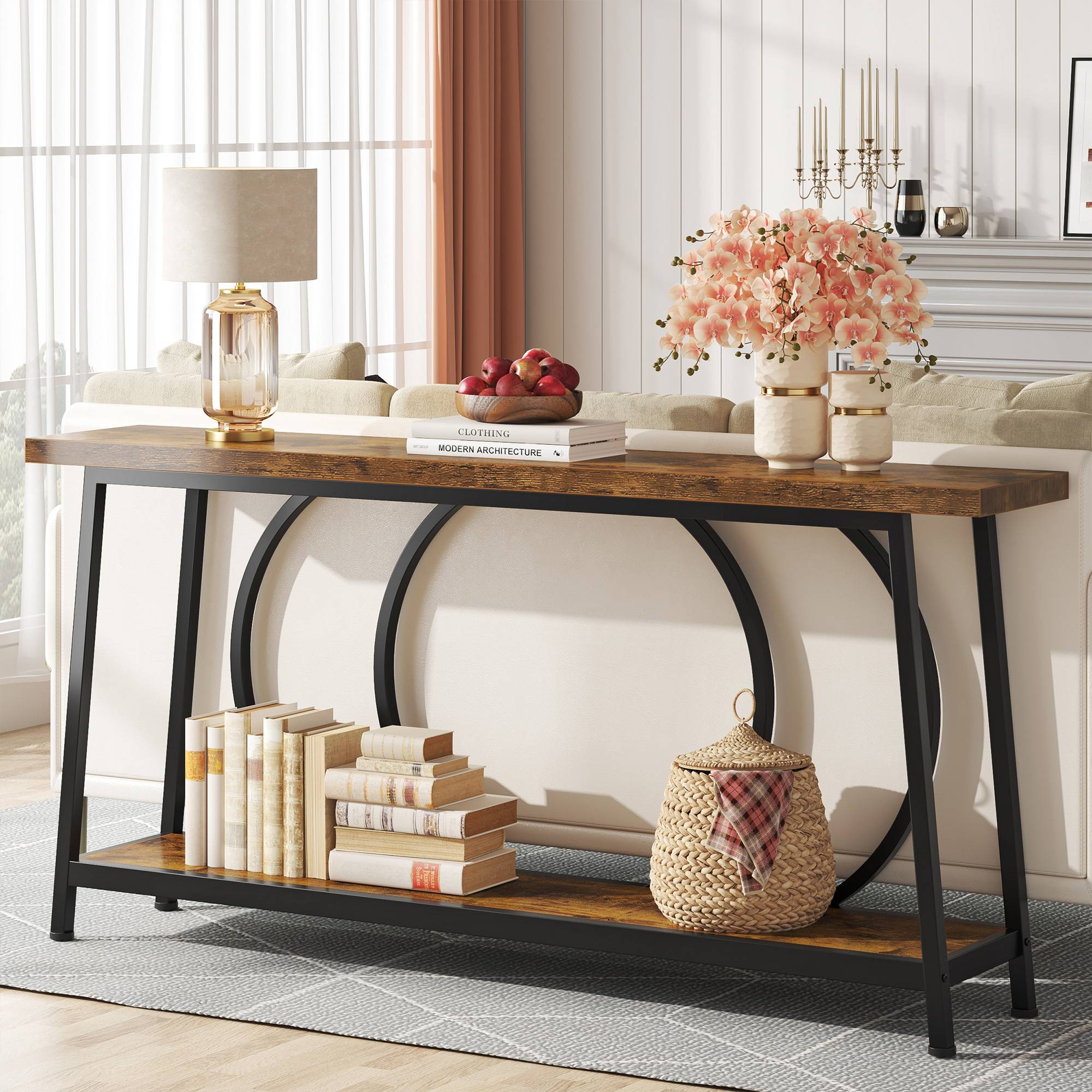 2-Tier Console Table, 180 cm Sofa Entryway Table with Storage Shelves