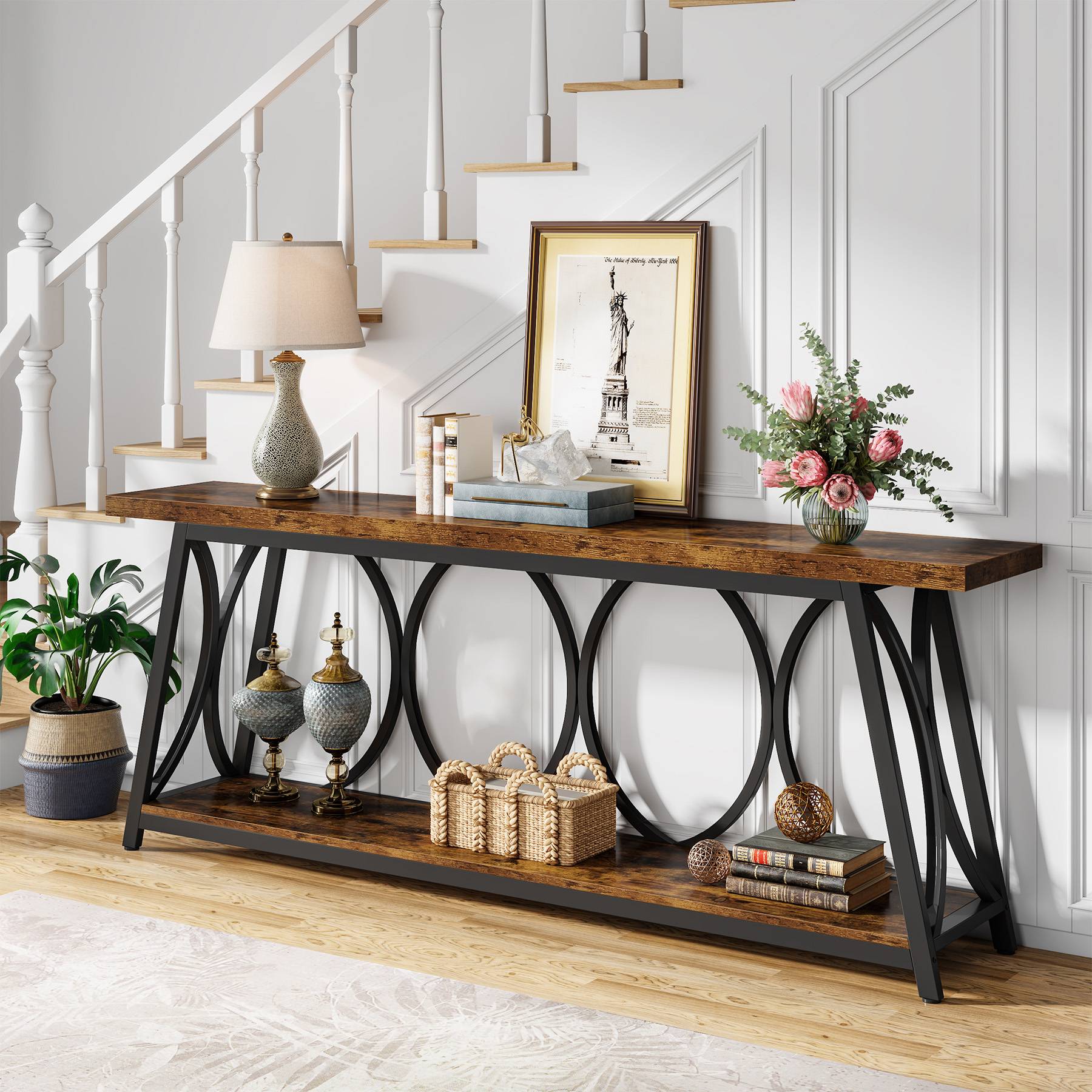 2-Tier Console Table, 180 cm Industrial Sofa Table Behind Couch with Shelves