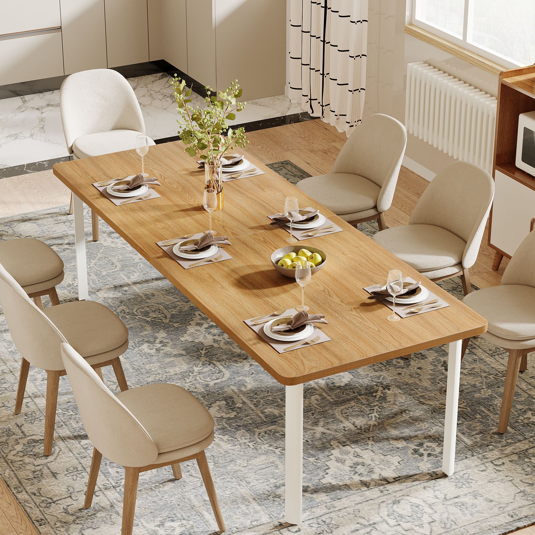 Wood Dining Table, 198 cm Kitchen Table Dinner Table for 6-8