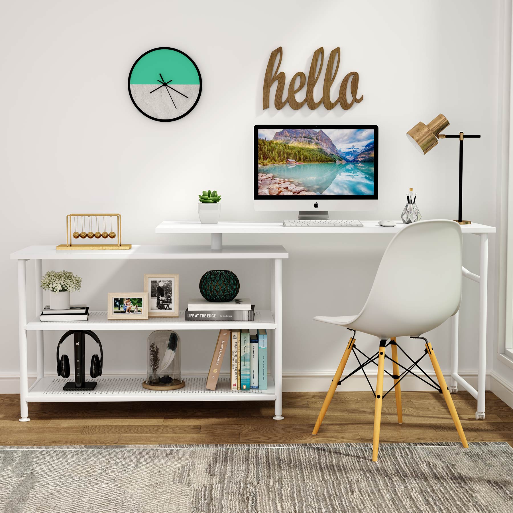 360° Rotating Desk, Modern L-Shaped Desk with Storage Shelves (Dimensions in cm)