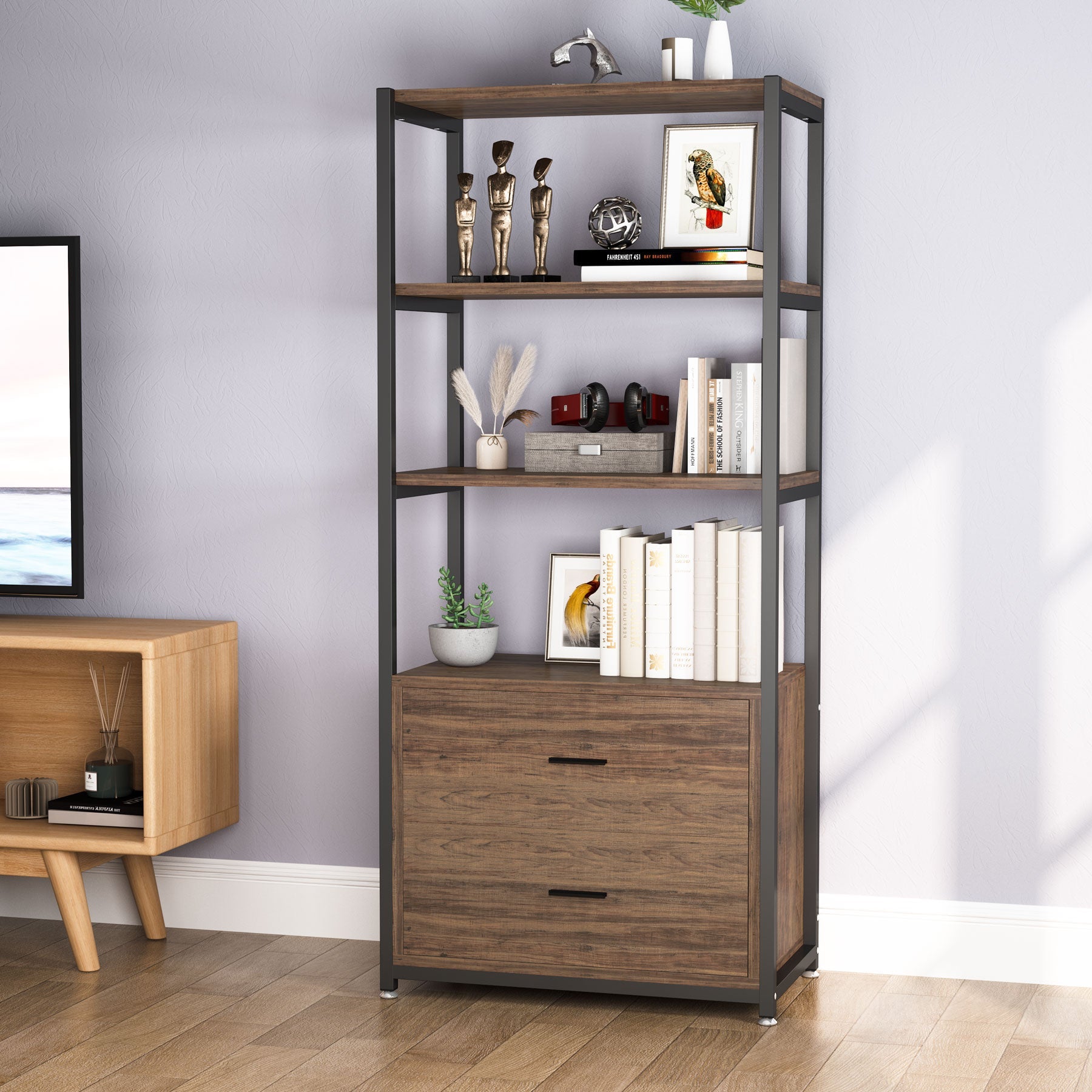 2-Drawer Bookshelf Etagere Bookcase with Open Shelves (cm)