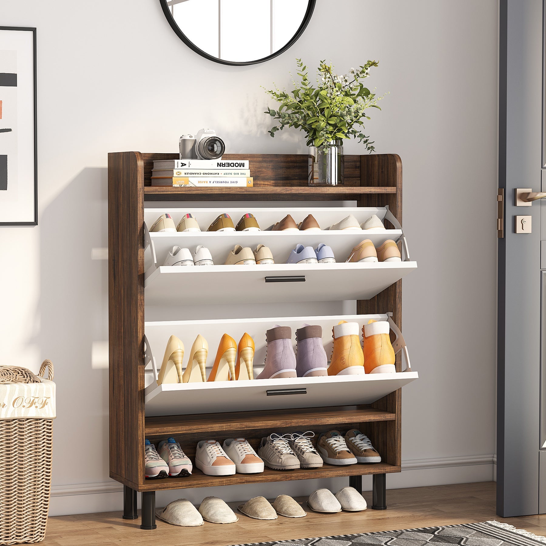 2-Tier Shoe Cabinet Shoe Organizer with Flip Doors & Open Shelves (Dimensions in cm)