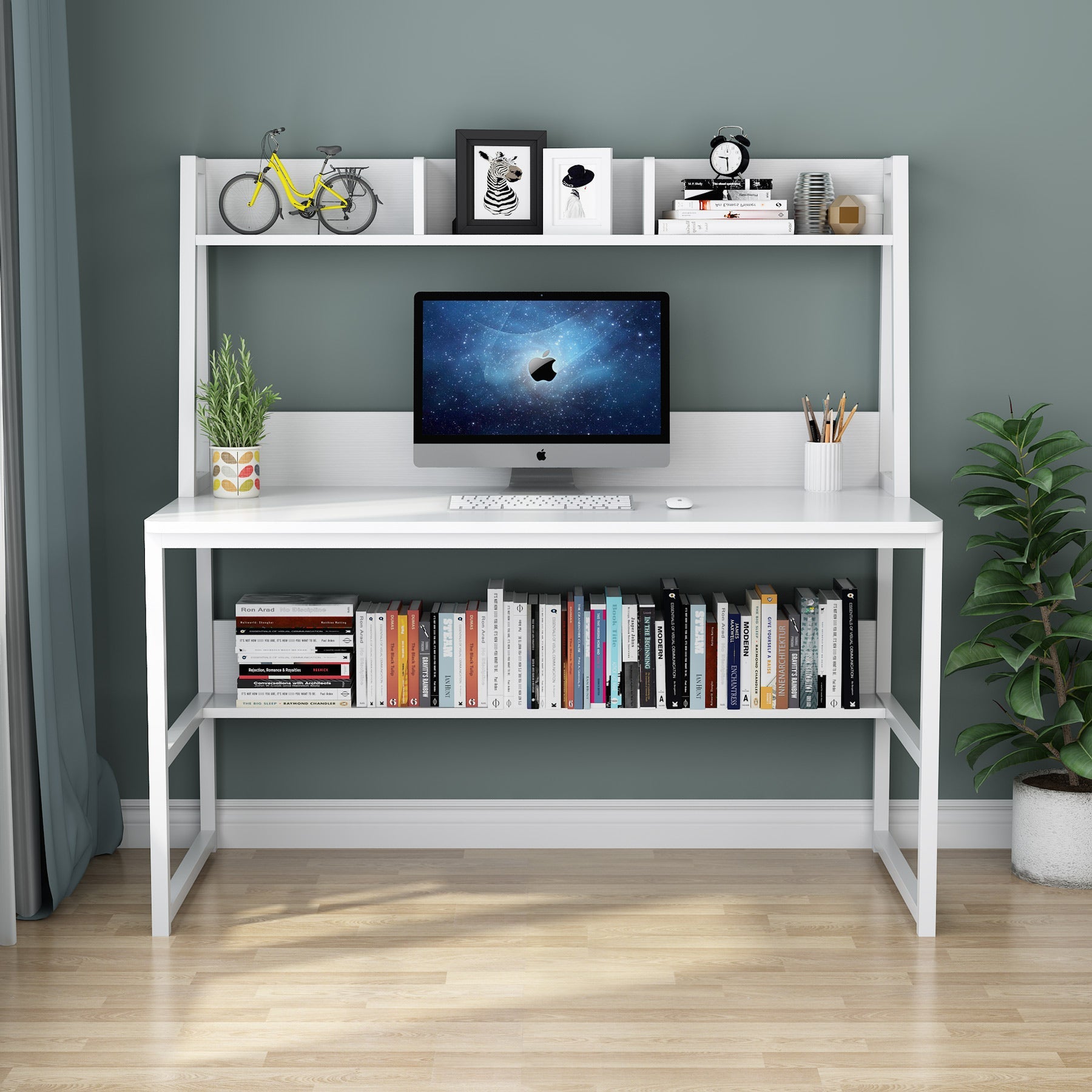 Modern Computer Desk with Hutch, 120 cm Office Desk with Storage Shelves