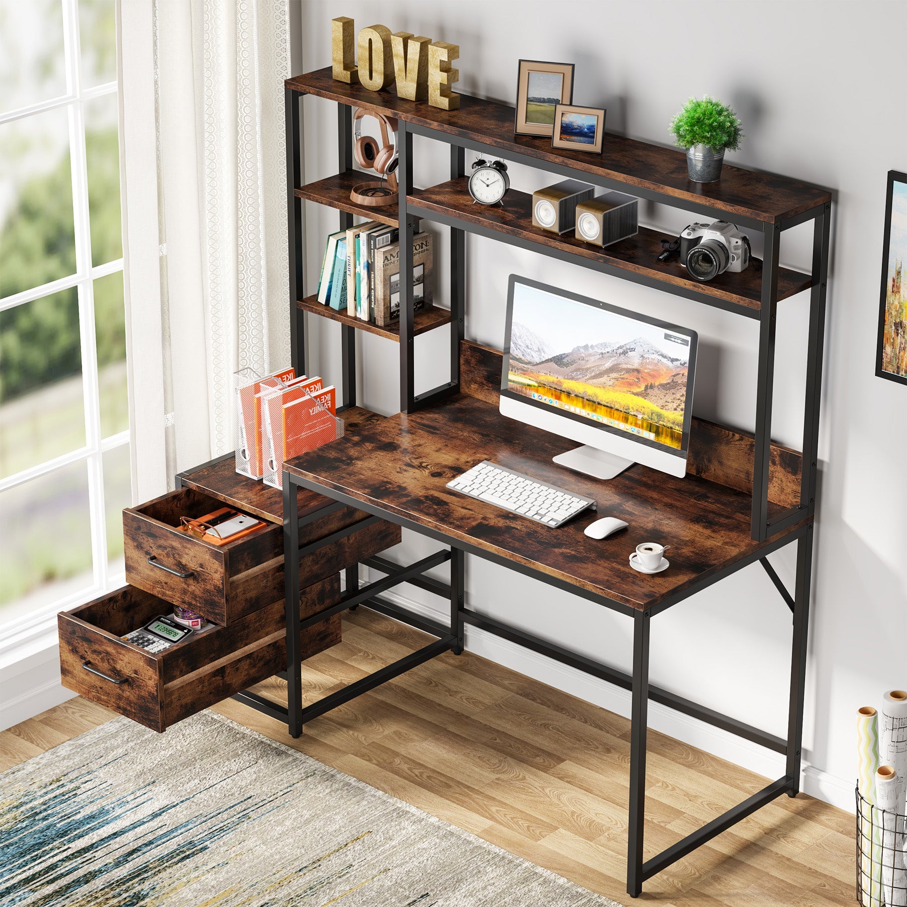 152 cm Tall Computer Desk Writing Table with 2 Drawers and Storage Shelves