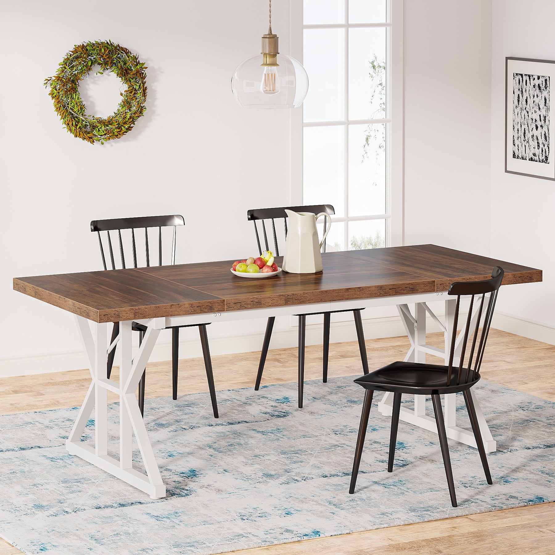 Wood Dining Table, Farmhouse 180 cm Kitchen Table for 6 People