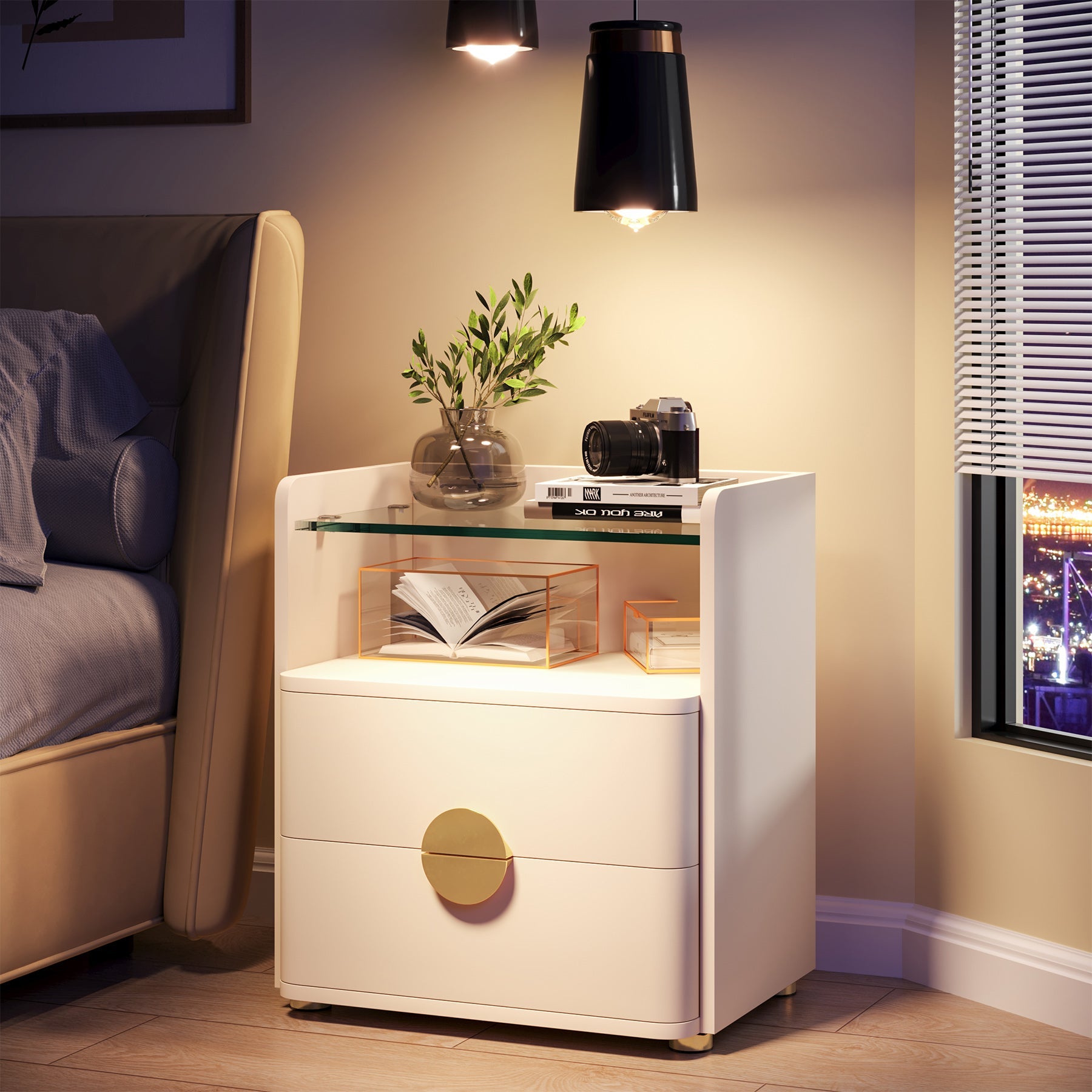 2-Drawer Nightstand, Modern Bedside Table with Open Storage (cm)