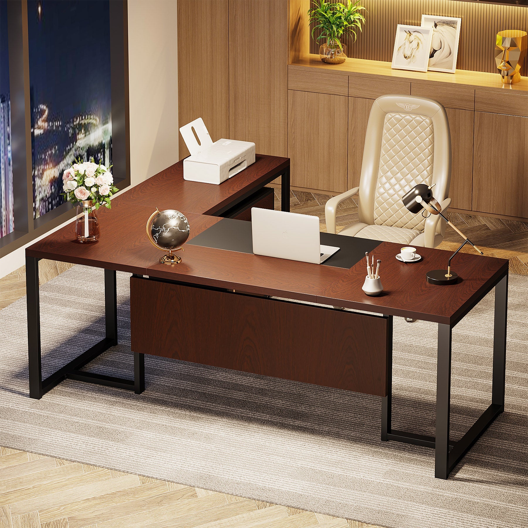 180 cm L-Shaped Desk, Large Executive Desk with Mobile File Cabinet