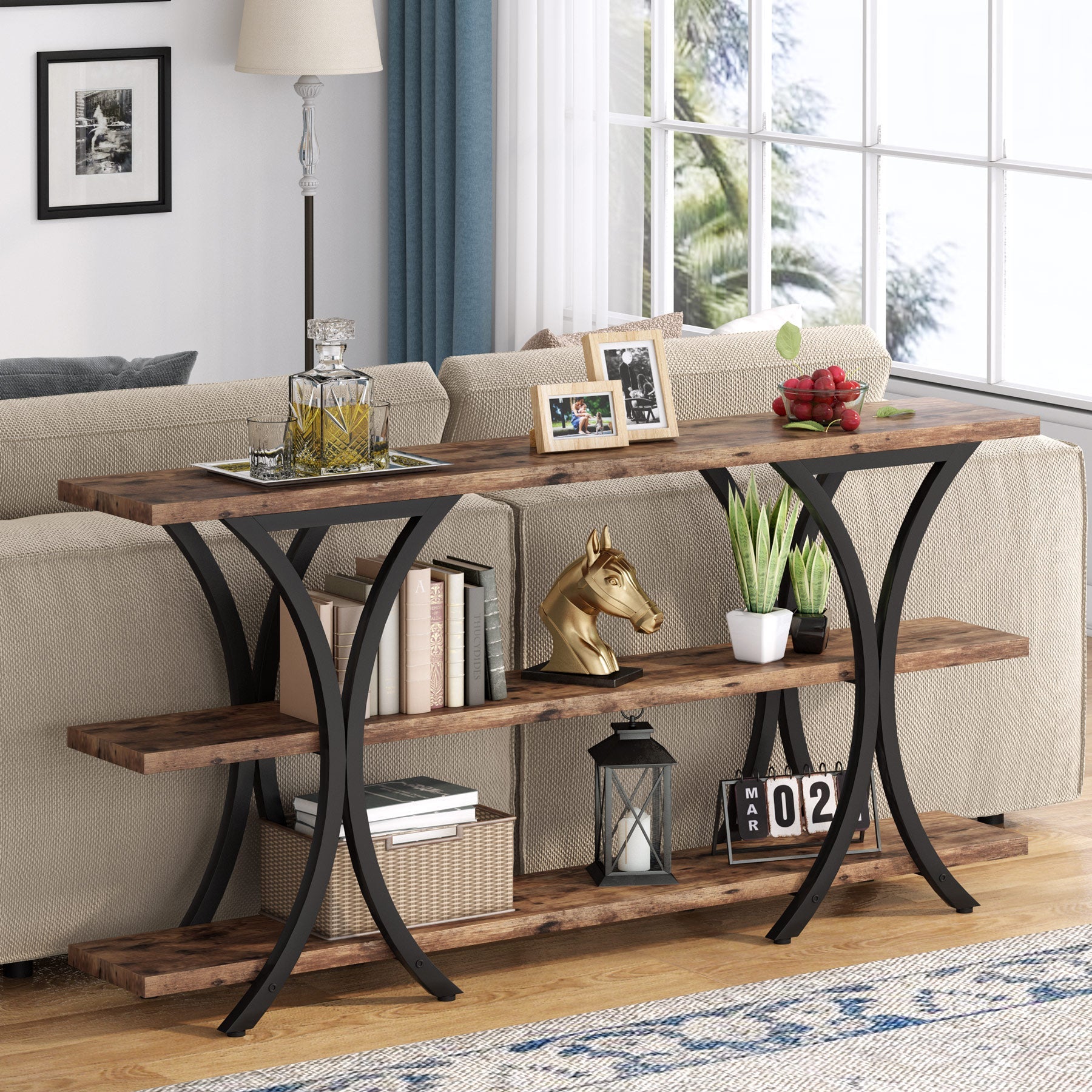 180 cm Console Table, Industrial Entryway Sofa Table with 3-Tier Shelves