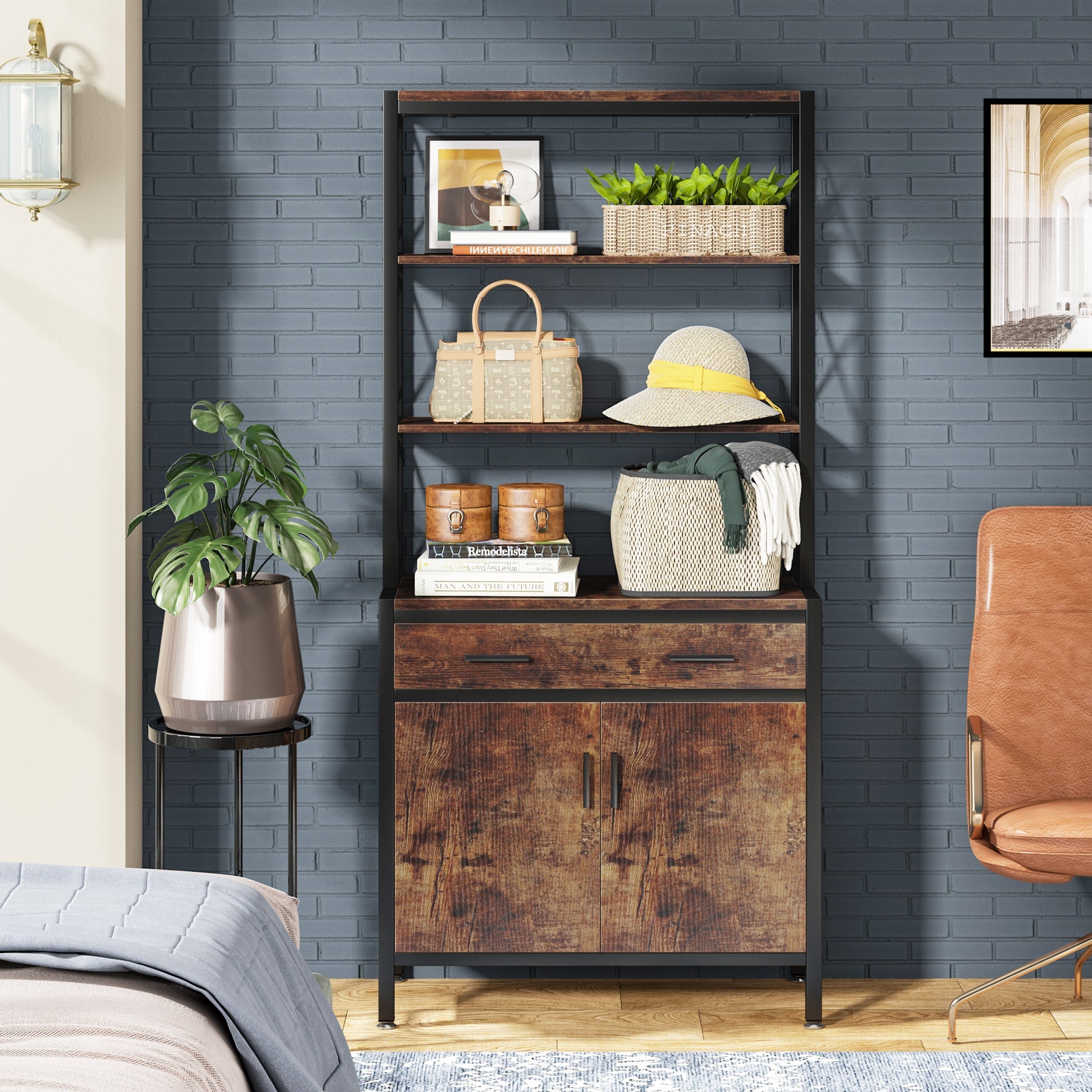 Industrial Bookshelf, 4-Tier Etagere Bookcase with Drawer & Cabinet (cm)