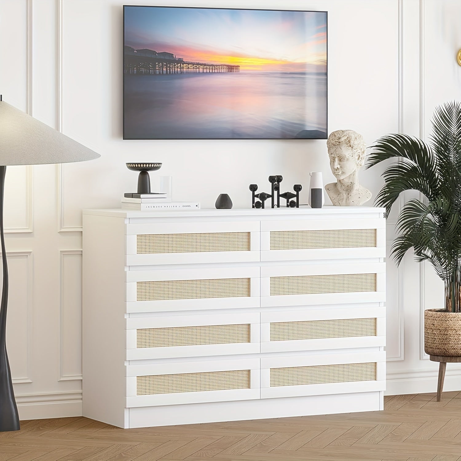 Rattan Dresser For Bedroom, Modern 8 Drawer Wooden Dresser Chest, Wide Wood Beside Table For Closet, Nursery, Living Room And Entryway, White