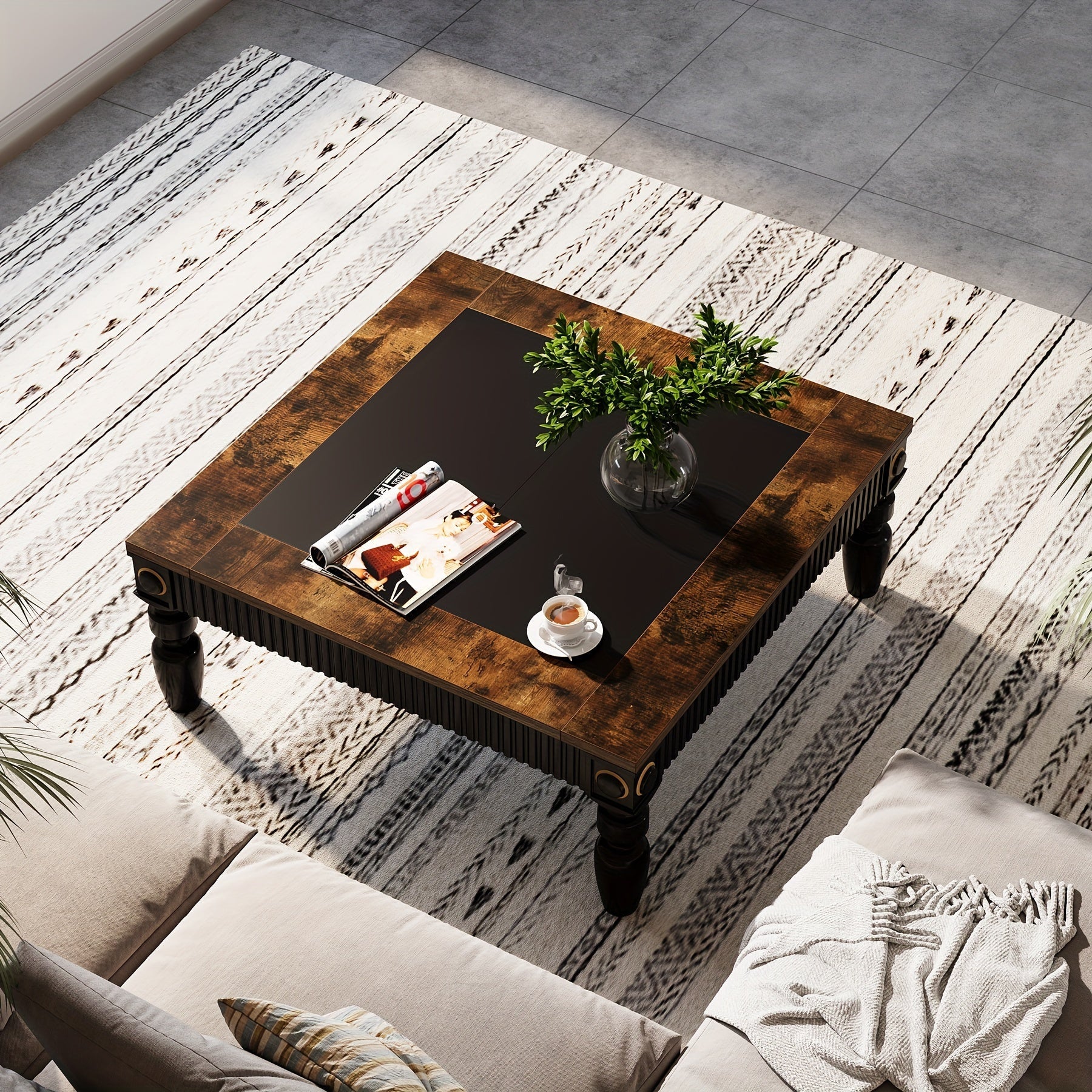 Square Coffee Table, 109cm Farmhouse Center Table With Solid Wood Legs, Rustic Wood Cocktail Table For Living Room