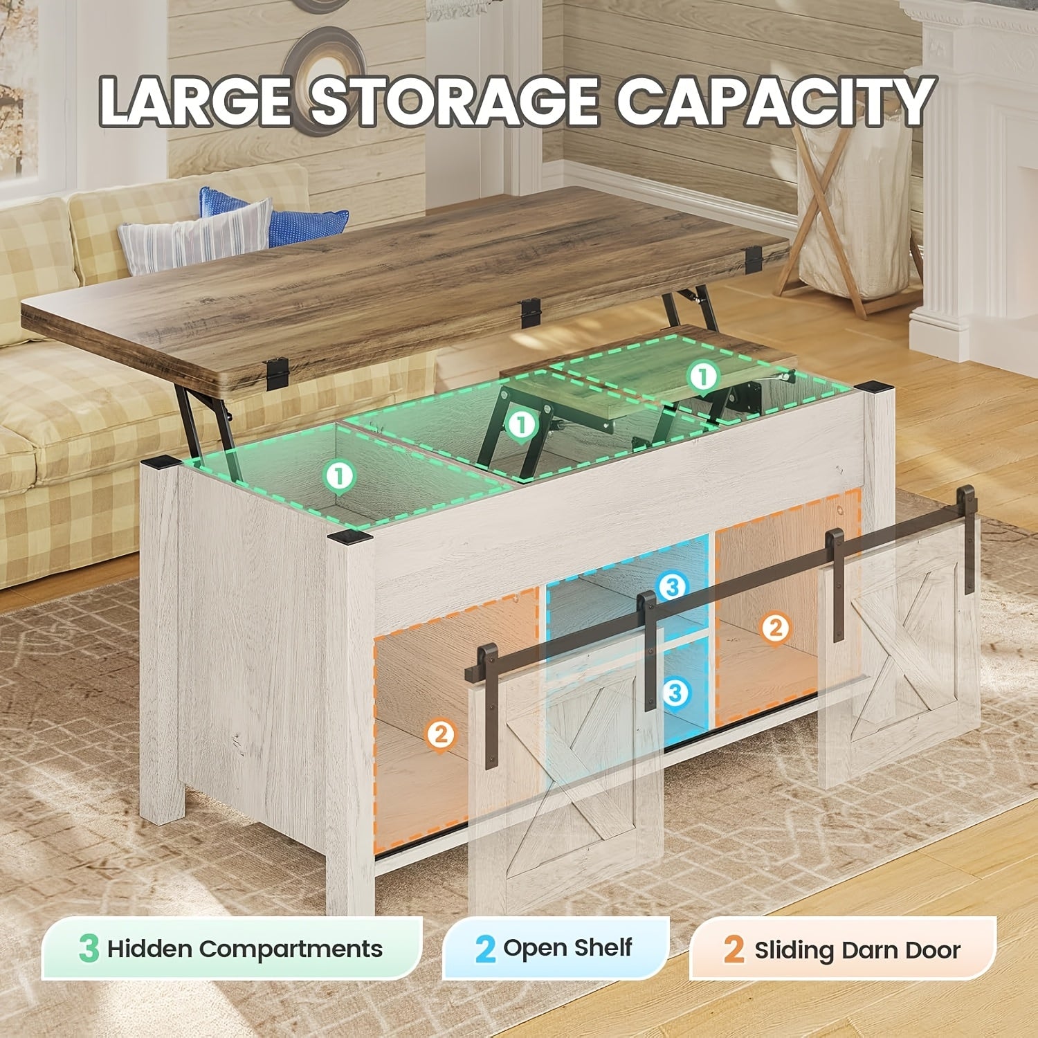 Versatile Farmhouse Coffee Table with Adjustable Height, Convertible Design for Dining & Gaming, 3 Storage Compartments, and Sliding Barn Doors - Metal Construction