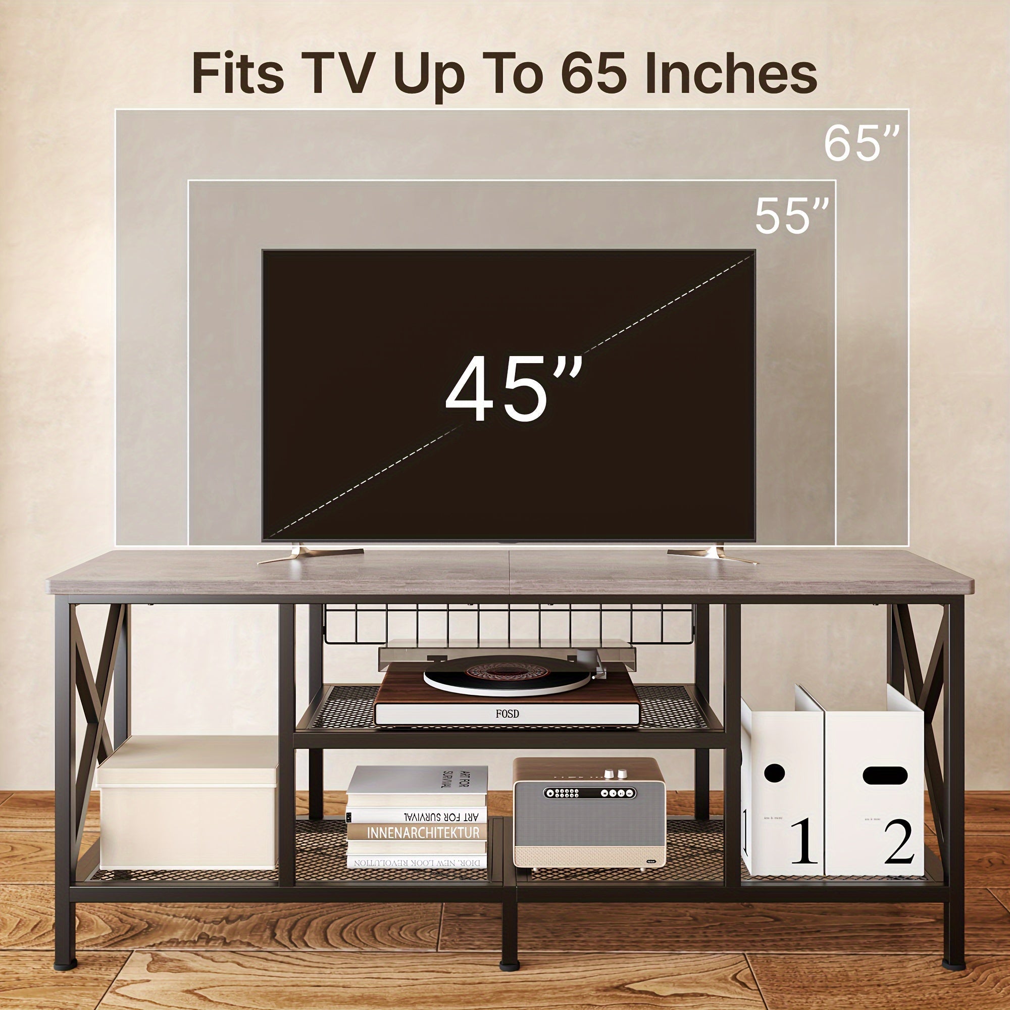 Industrial TV Stand, 152cm Wide, Perfect For 55-65 Inch TVs, 3-Tier Media Entertainment Center With Stylish Open Shelves, Sturdy Metal Frame - Ideal For Living Room, Bedroom, Or Office Use, Gray