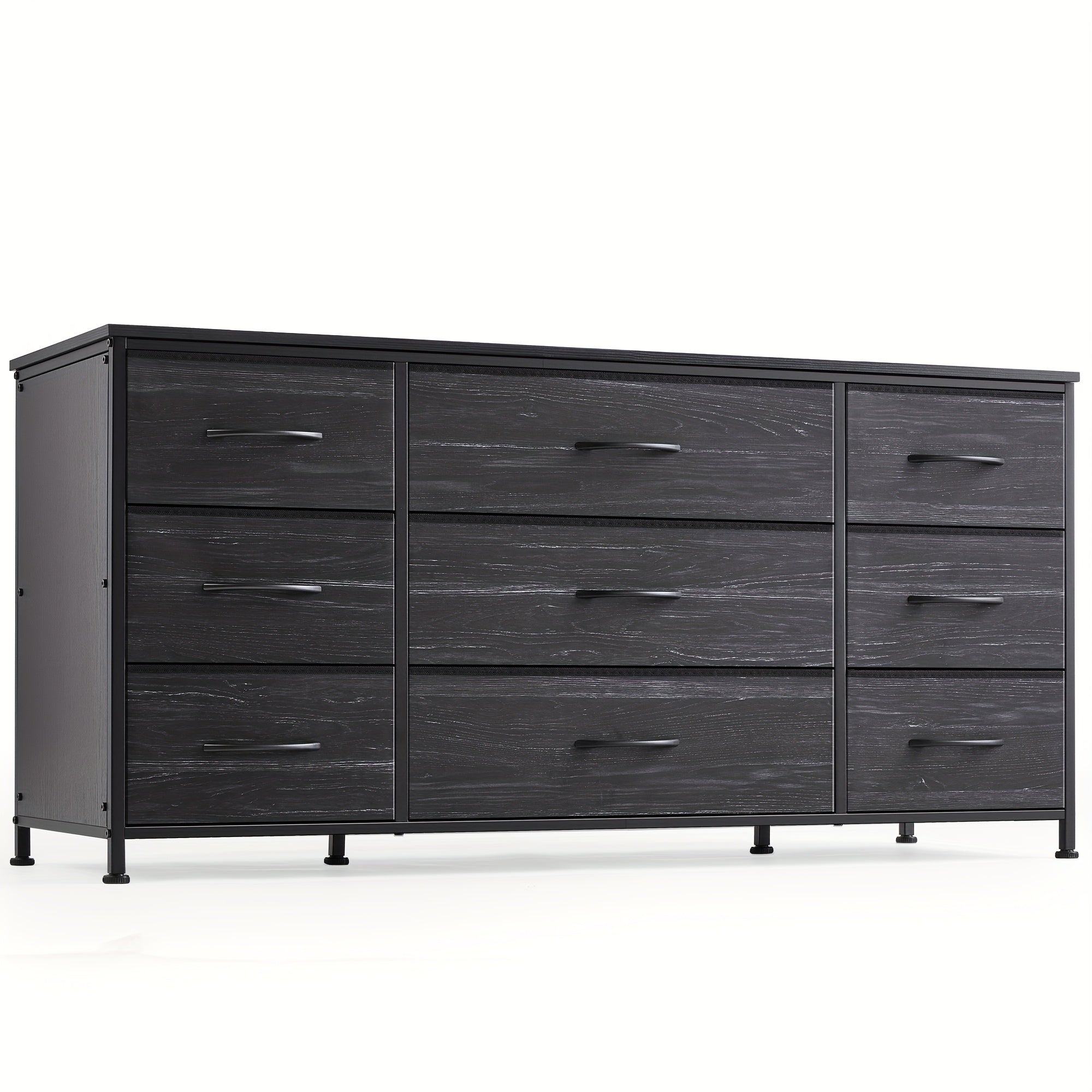 Spacious 9-Drawer Dresser TV Stand in Charcoal Black - Sleek Metal Frame & Wood Top, Ideal for Bedroom or Living Room, Sturdy & Modern Design, Fits 60'' TV