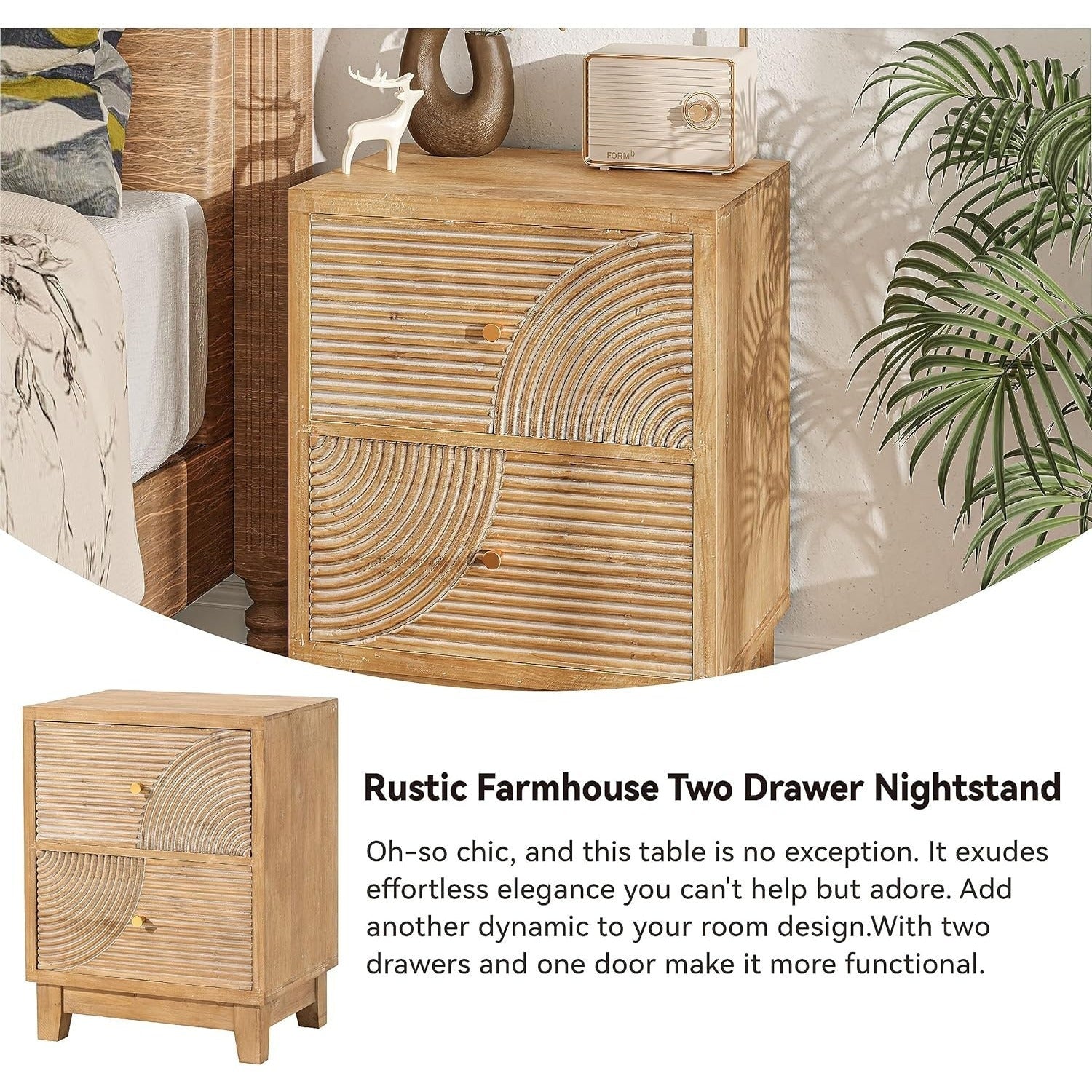 2-Drawer Farmhouse Nightstand, Mid Century Nightstand Fully Assembled with Handcrafted Wood Ring Pattern for Boho, Mid-Century, Rustic Style, Natural Wood