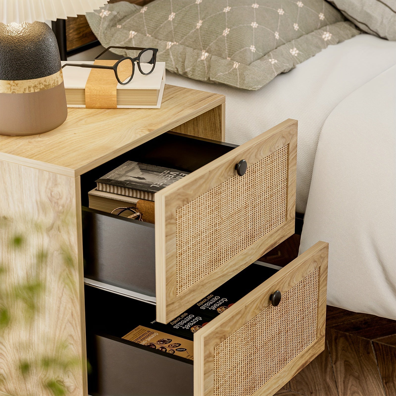 Set Of 2 Rattan Bedside Tables With 2 Natural Rattan Drawers, Used For Storage In Bedrooms And Living Rooms - Black/Natural/White