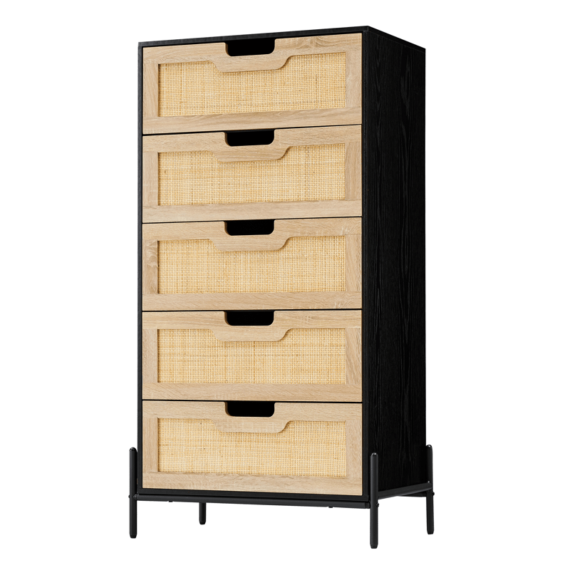 5 Drawers Dresser for Bedroom, Natural Rattan Drawer with Spacious Storage, Wood Chest of Drawers with Metal Legs for Bedroom, Living Room, Hallway, Entryway, Closet