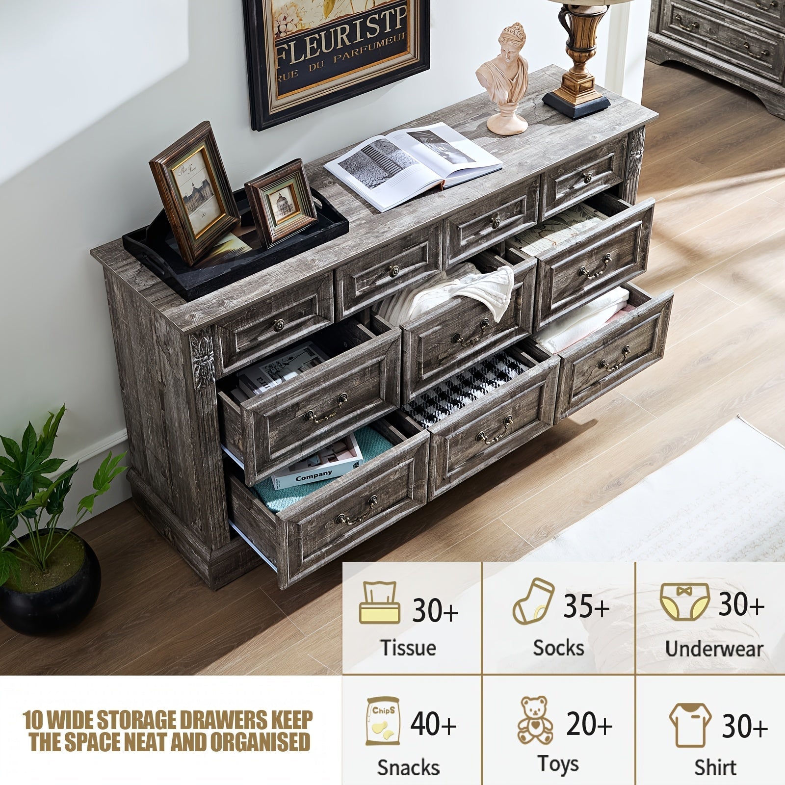 Farmhouse Dresser For Bedroom, 138cm Wide 7 Drawers Dresser, Wood Dresser For Bedroom, Grey 10 Chest Of Drawers With Thickened Wood Carving For Closet, Hallway