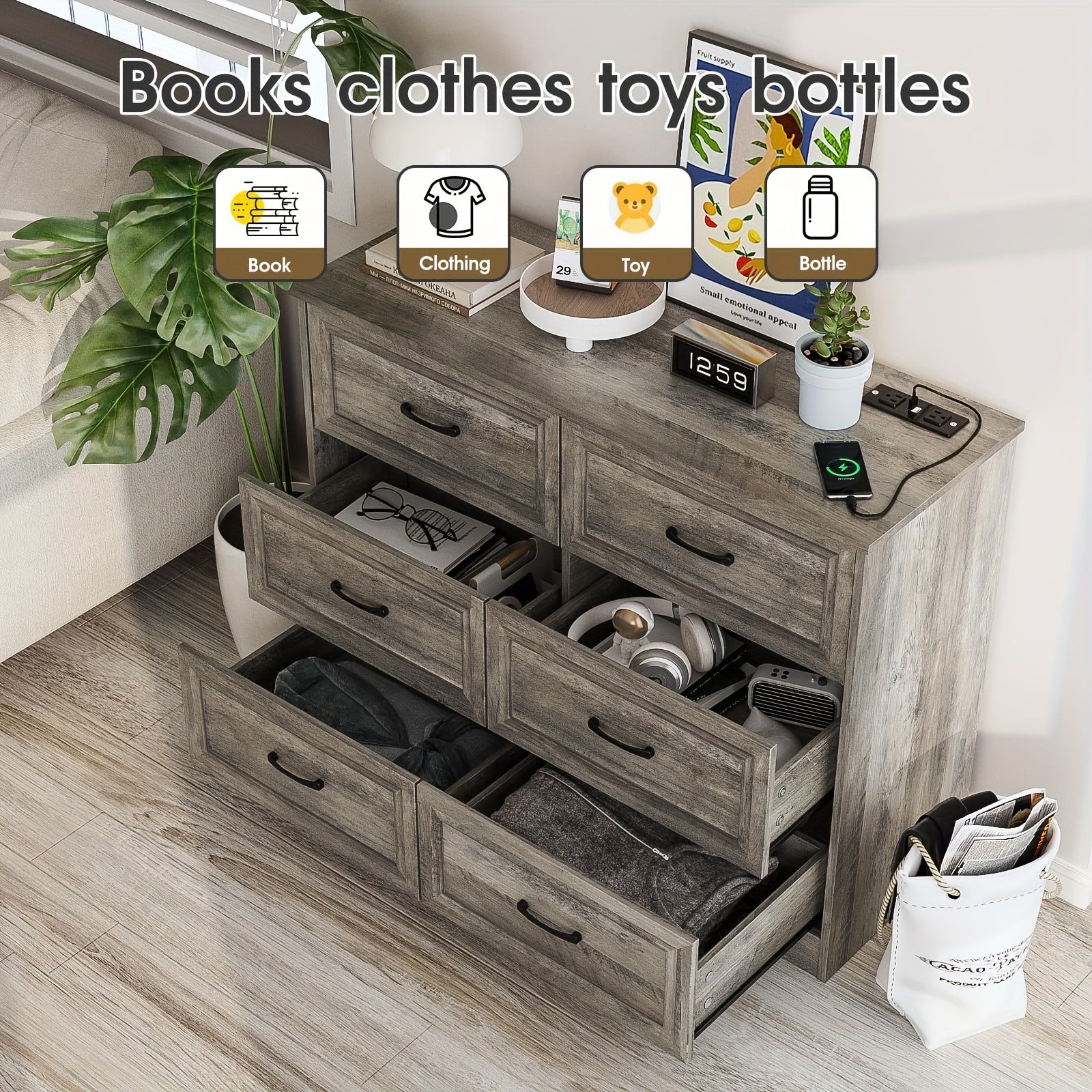 Hall storage cabinet, 6 drawers wide dressing storage box, with charging station, corridor storage cabinet, wooden storage cabinet with metal handle