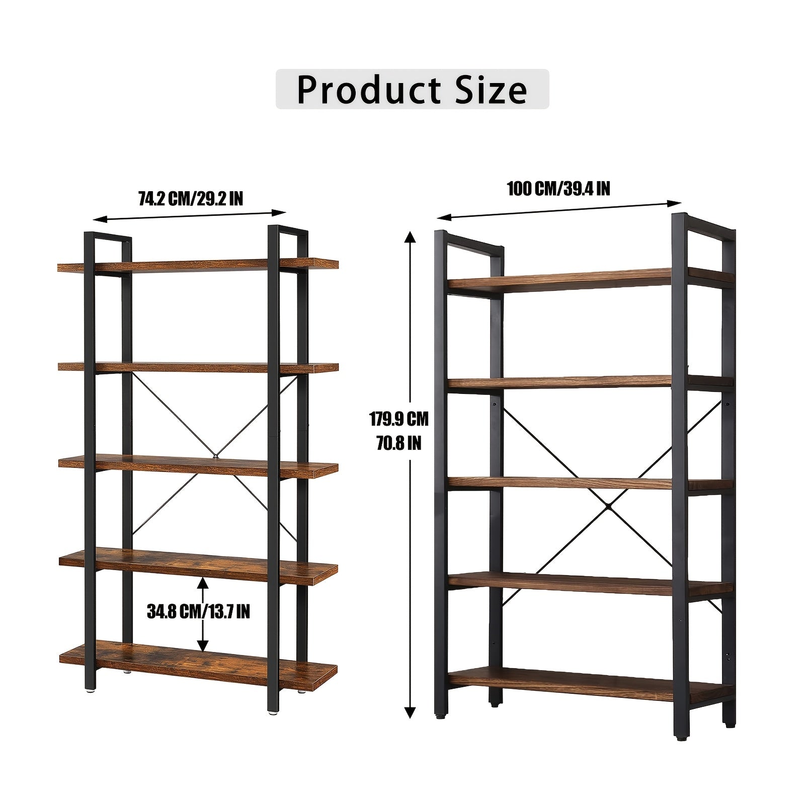 5 Tier Bookshelf, 2 Mounting Approaches, Industrial Etagere Bookcase with Metal Frame, Rustic Tall Book Shelf Unit for Living Room, Study, Home Office (1, Rustic)