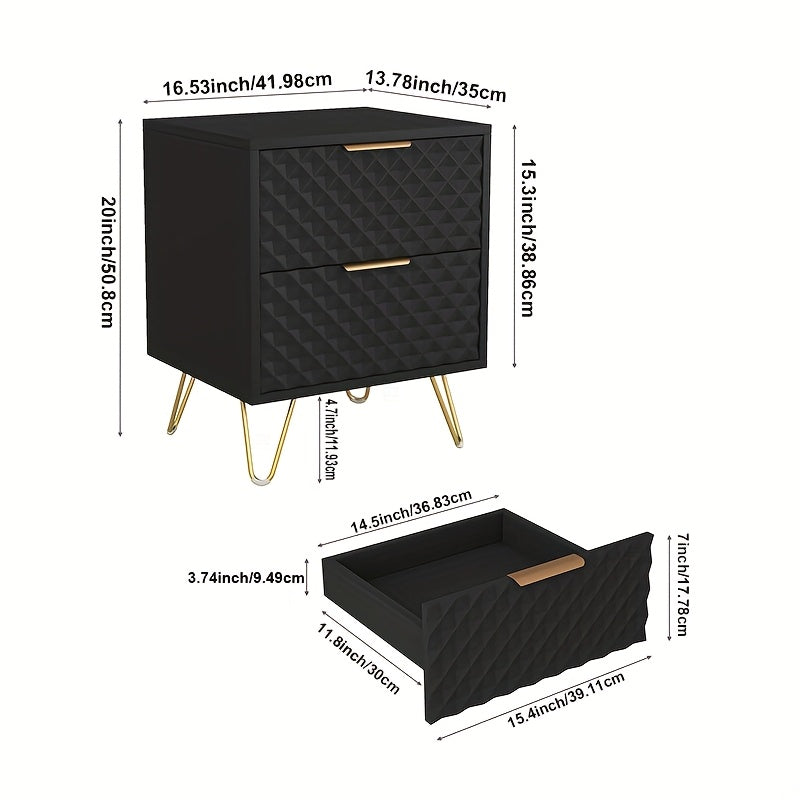 Wood Nightstand Set Of 2, Metal Feet And Handles, Double Drawers, Bedside Table, Night Stand, Side Table, Space-Saving, Easy Assembly, For Bedroom, Living Room, Apartment