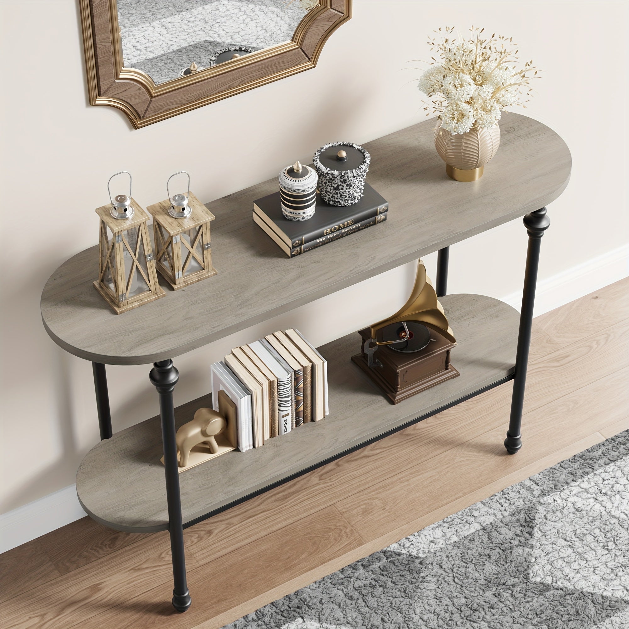 Entryway Table, 110 cm Long Console Table with Storage, 2 Tier Wood Console Table with Metal Frame and MDF, Sofa Tables Behind Couch, Hallway Table for Foyer - Rustic Brown