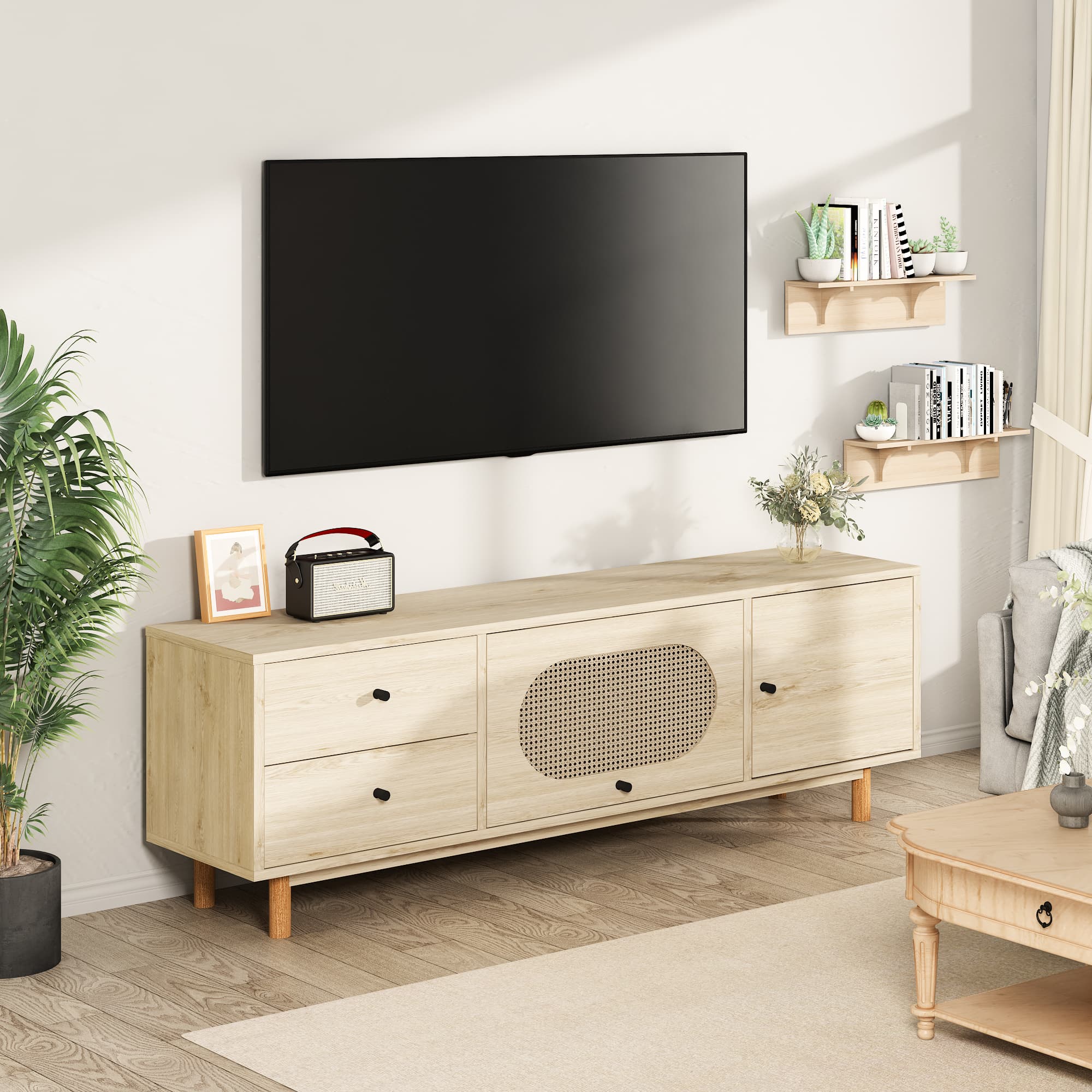 Rattan TV Stand for 55 Inch TV, Entertainment Center with Storage, TV Stand Storage Cabinet Media Console Table with 2 Cabinets and Doors, Boho Media TV Console for Living Room, Bedroom