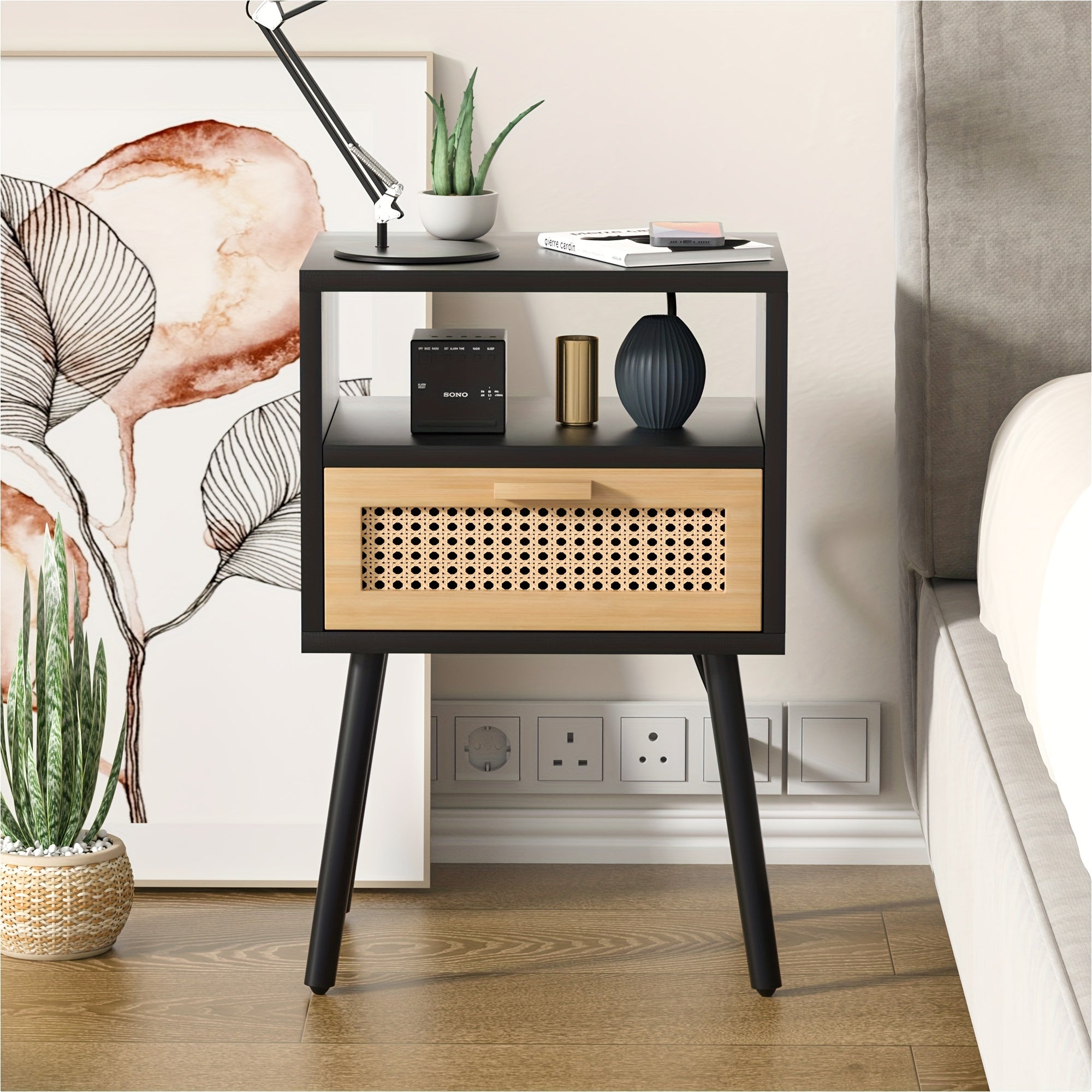 Rattan Nightstands End Side Table With Charging Station, Wooden Mid Century Modern Bedside Table With Storage Drawers For Bedroom Living Room