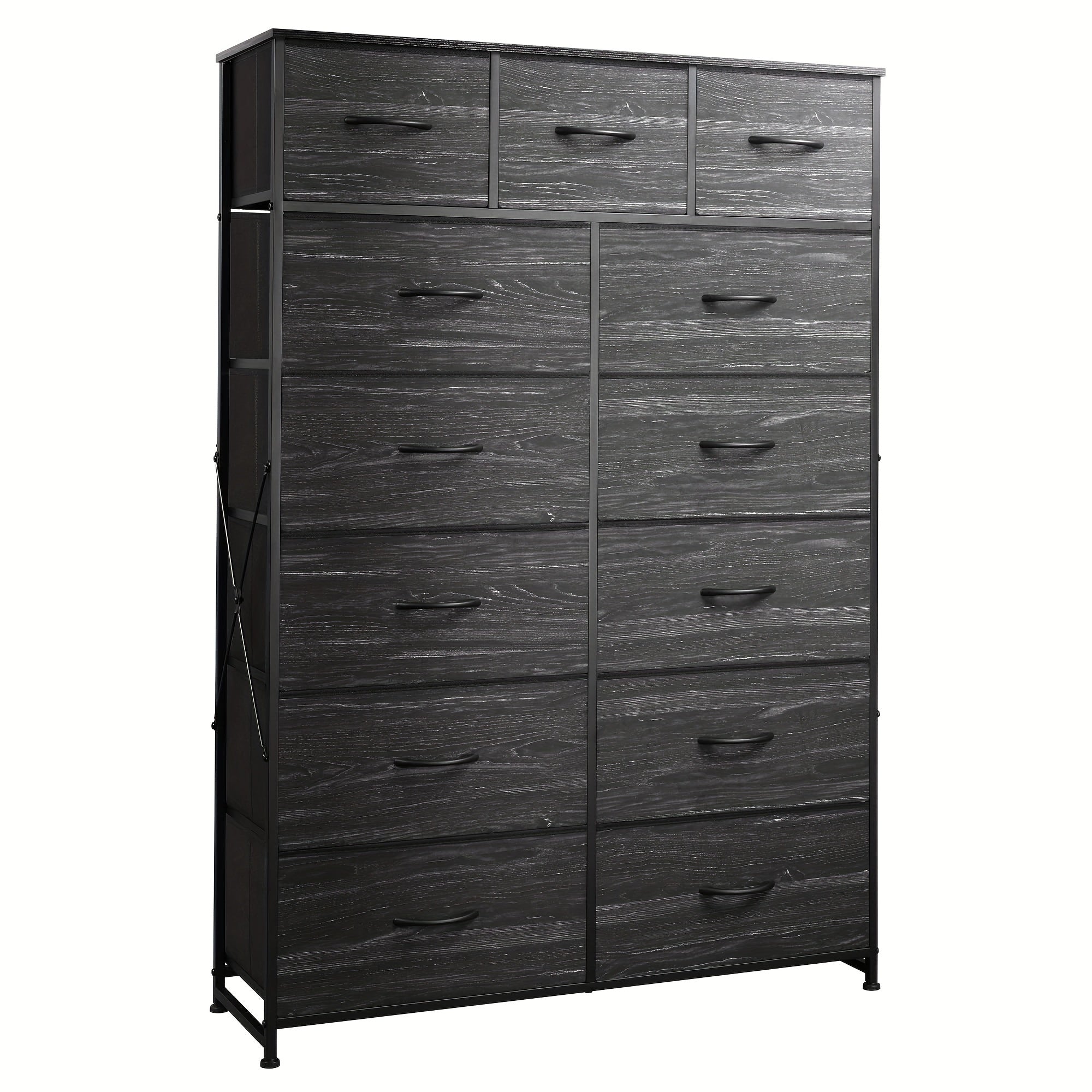 Tall Dresser for Bedroom with 13 Drawers, Storage Dresser Organizer Unit, Fabric Dresser for Bedroom, Closet, Chest of Drawers, Steel Frame, Wood Top, Charcoal Black Wood Grain Print