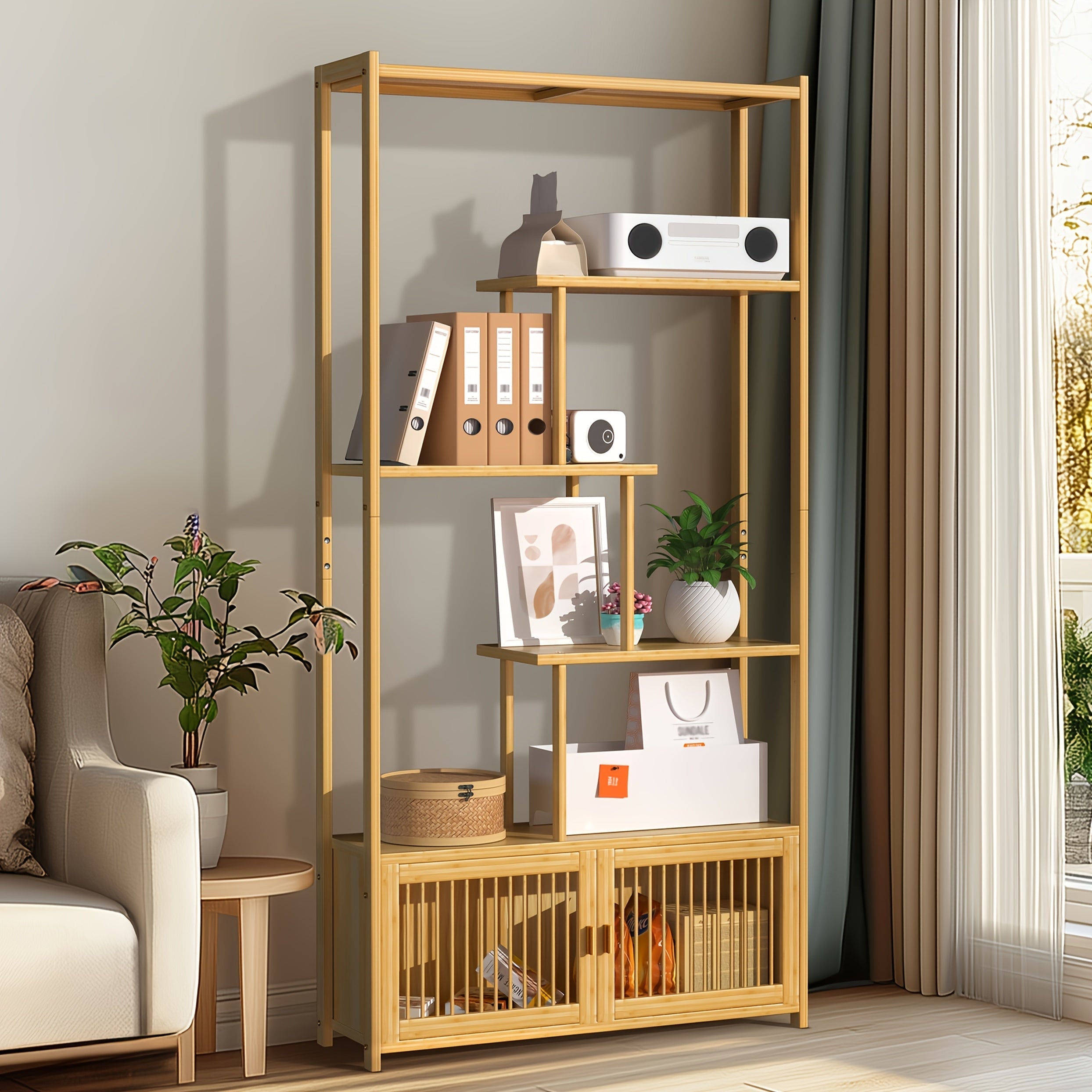 Free Standing Storage Shelf: Bamboo Storage Rack Shelving Unit with High And Low Shelves Bookshelf Plant Stand for Home Organization