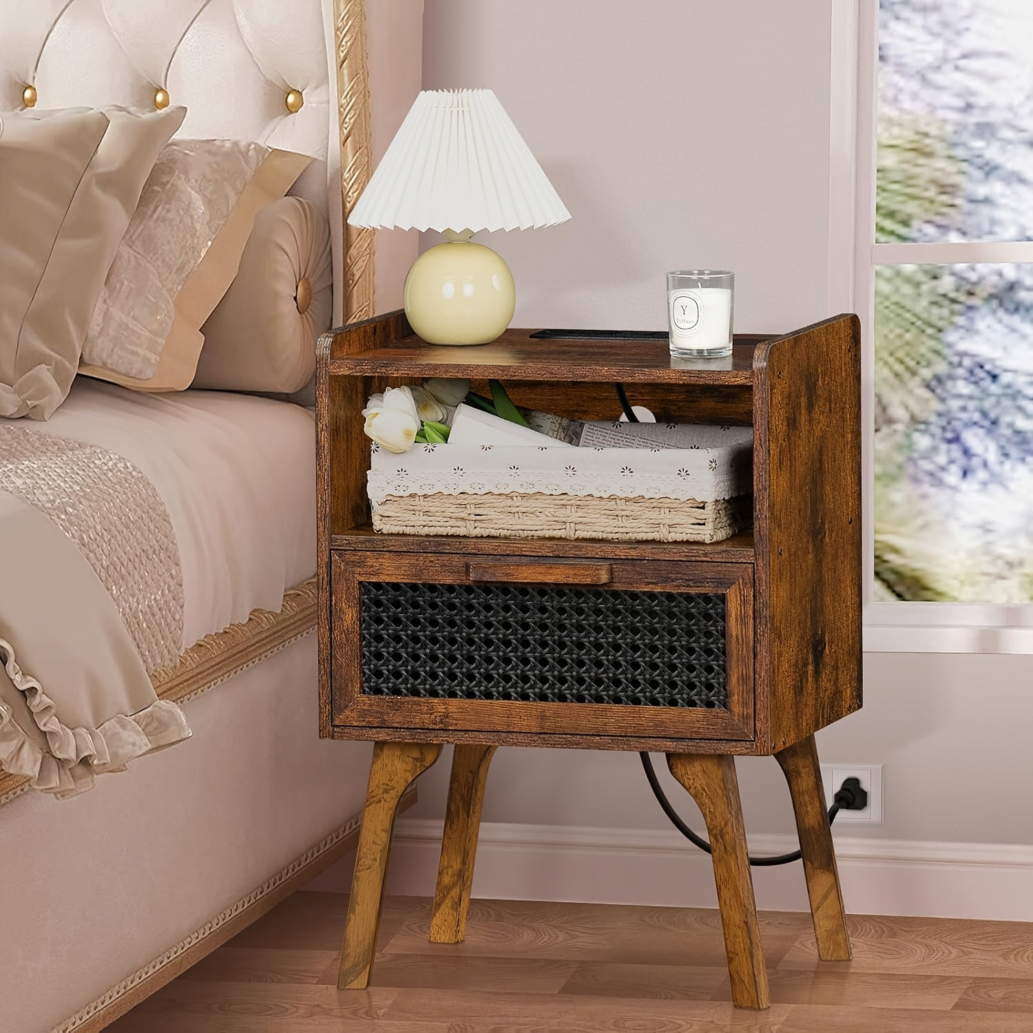 Rattan Nightstand With Charging Station, Side Table With Drawer Open Shelf, Cane Accent Bedside End Table With Solid Wood Legs, Night Stand For Bedroom, Dorm And Small Spaces (Brown)