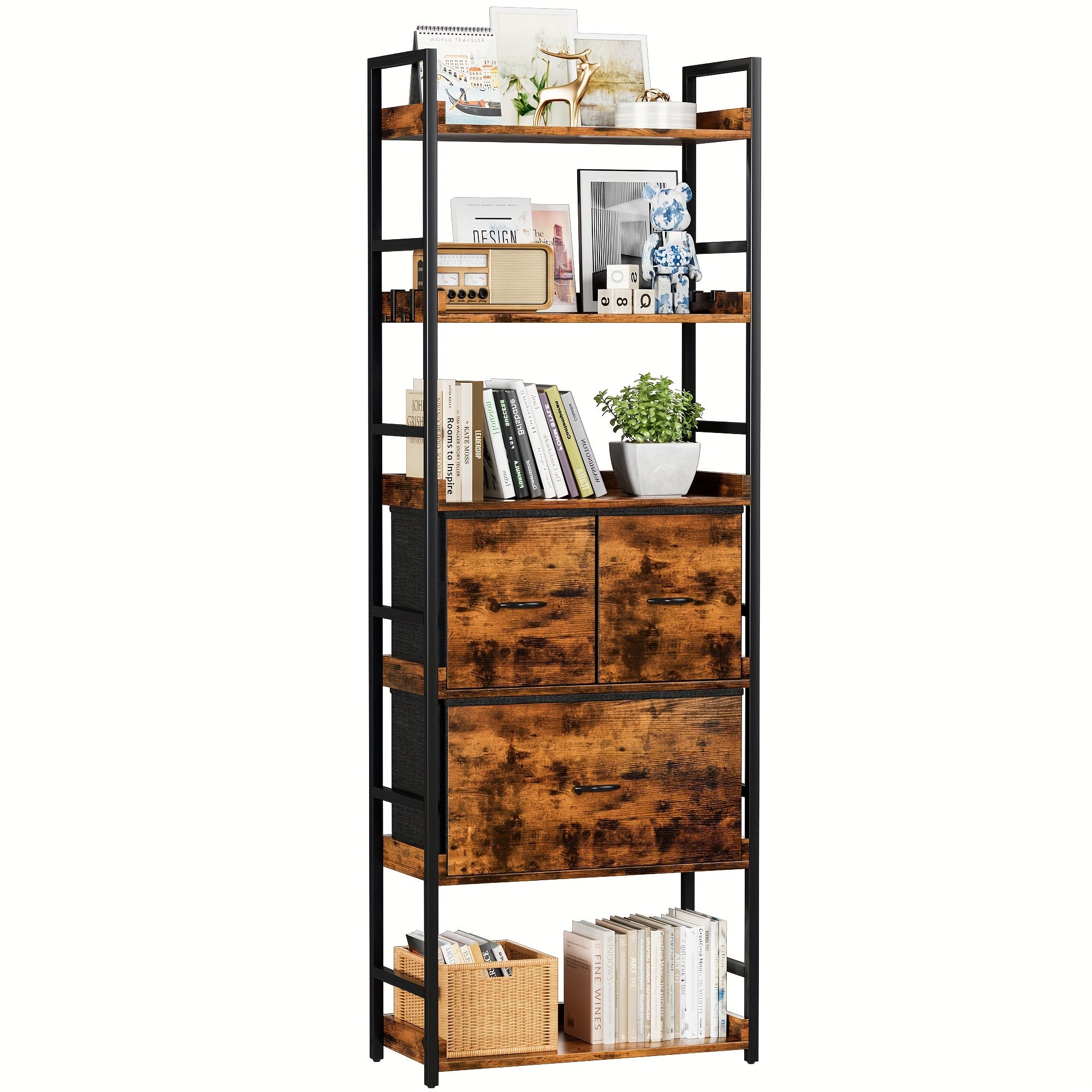 6 Tier Ladder Bookshelf with Adjustable Drawers, Open Bookcase Storage Organizer