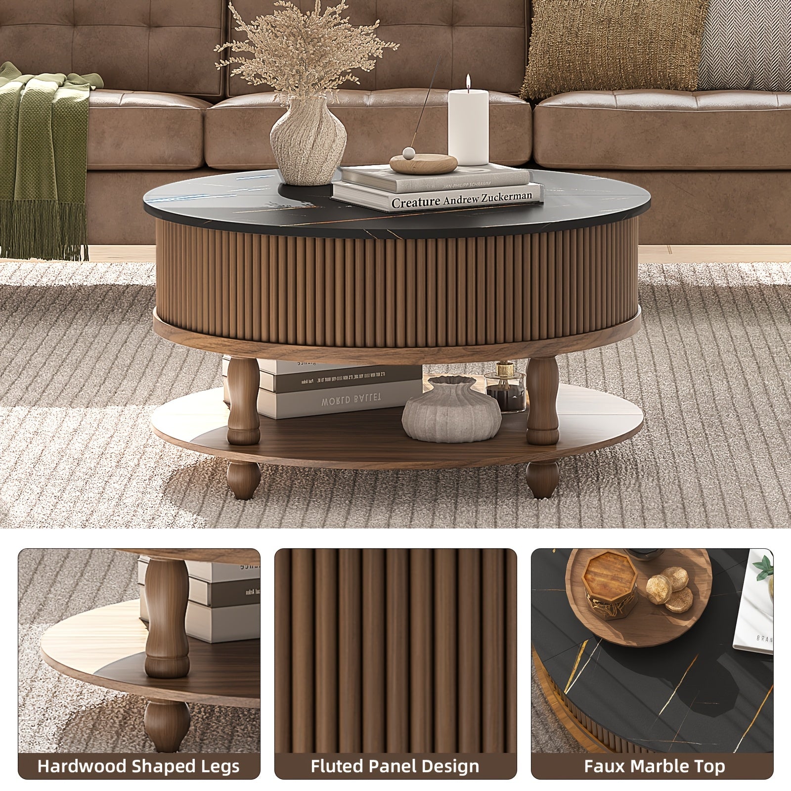 Round Elevated Coffee Table -- Multifunctional Coffee Table With Solid Wood Legs And Built-in Storage, Mid-century Modern Style, Ideal Living Room Companion For Dining, Gaming & Working, Walnut