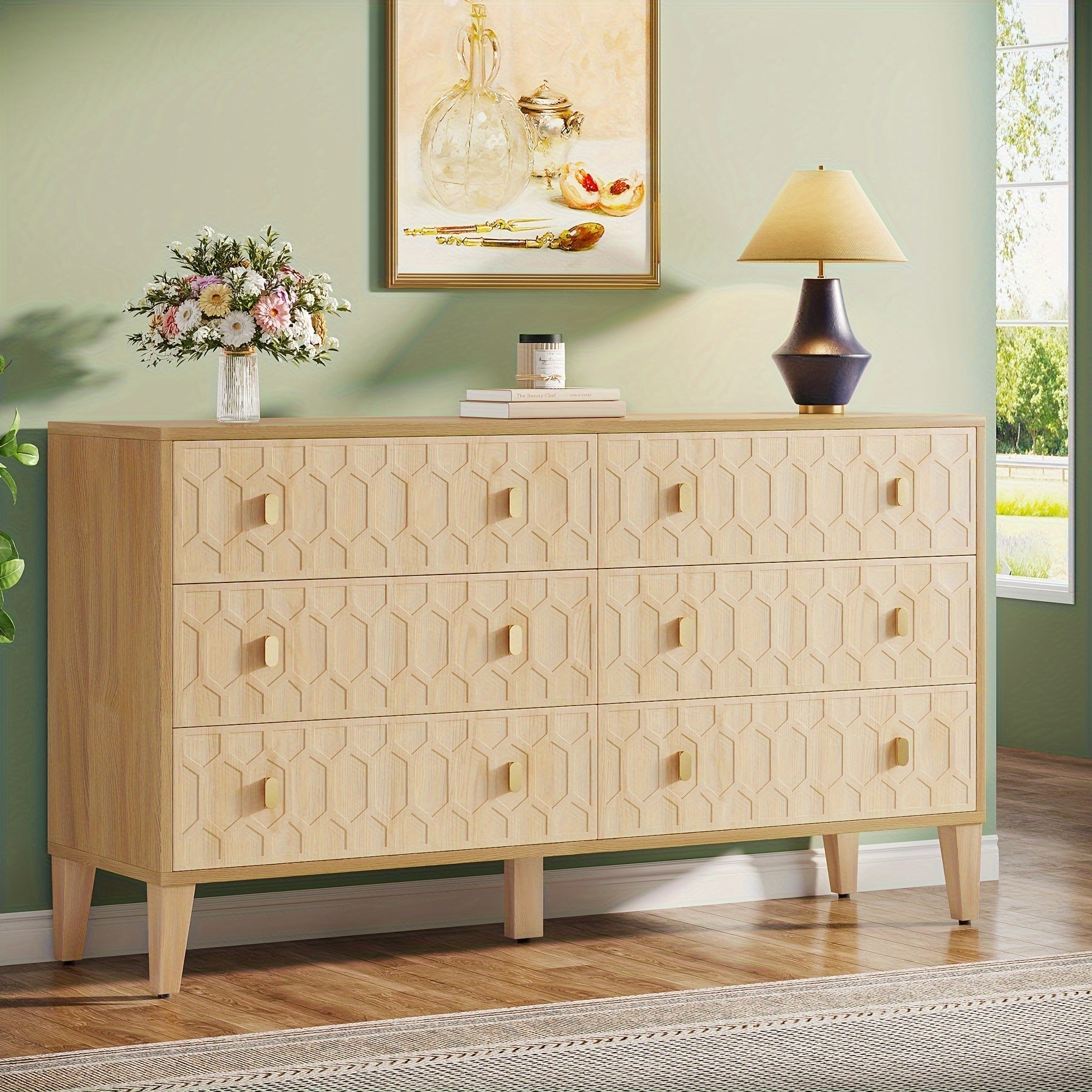 Dresser For Bedroom, 140cm Chest Of Drawers, Wood 6 Drawers Double Dresser With Solid Wooden Legs, Large Dresser Chest Cabinet For Closet, Living Room, Entryway