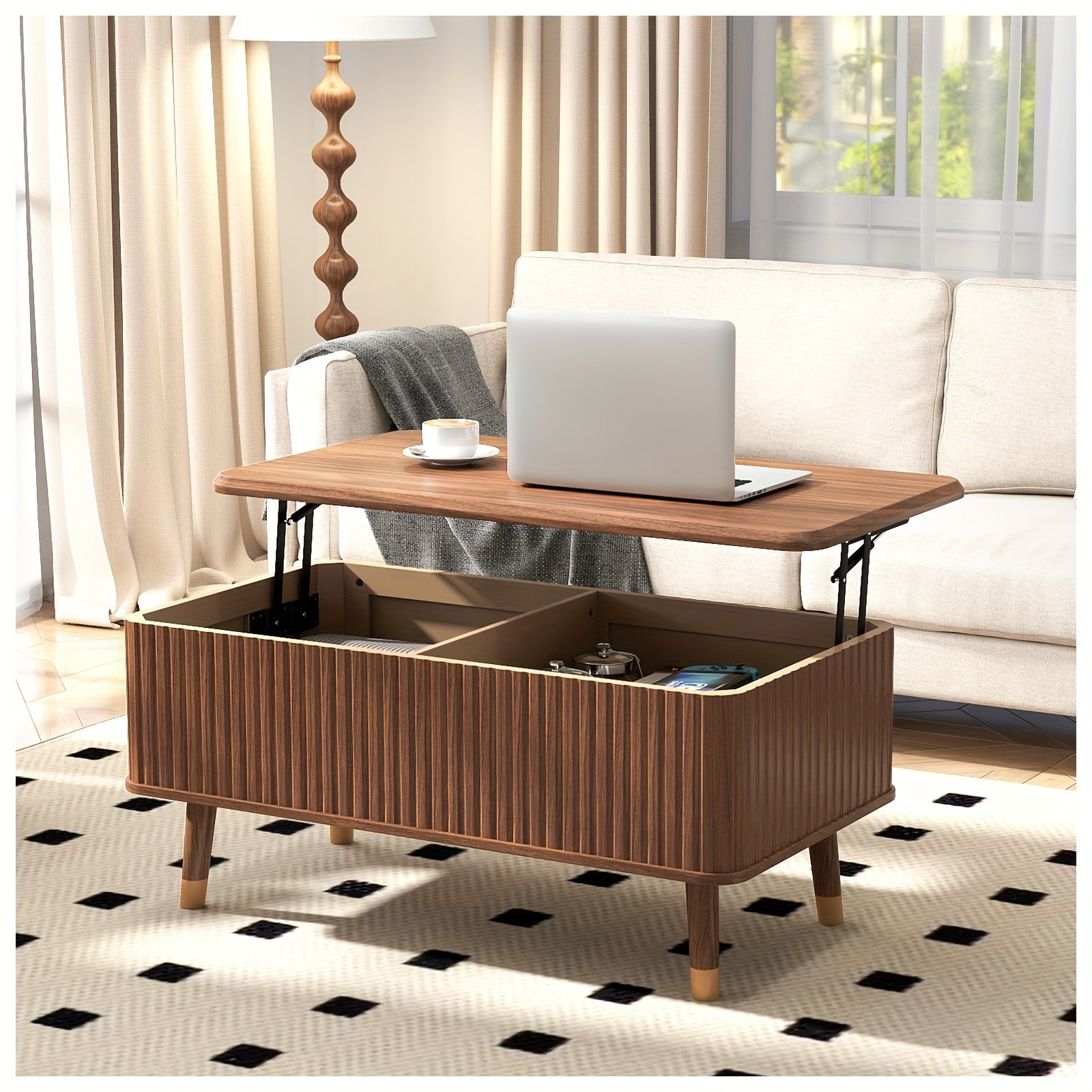 Contemporary Walnut Lift-Top Coffee Table with Storage - Mid-Century Modern Fluted Wood Design, Multi-Functional Centerpiece for Living Room, Ideal for Dining, Gaming & Work