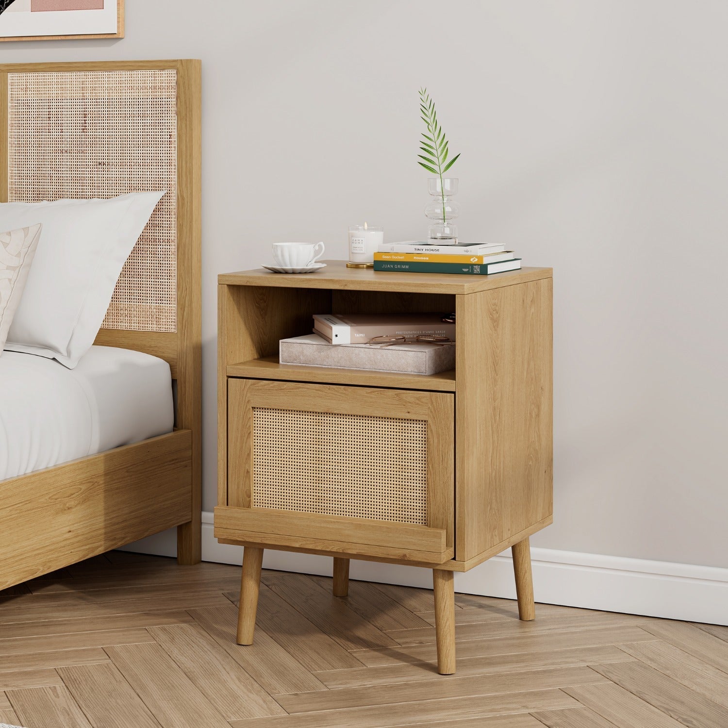 56cm H Natural Wood Rattan Nightstand with Single Drawer & Open Shelf - Mid-Century Modern Design, Sturdy Hardwood Construction, Ideal for Bedroom Storage and Display, Wood Home Decor