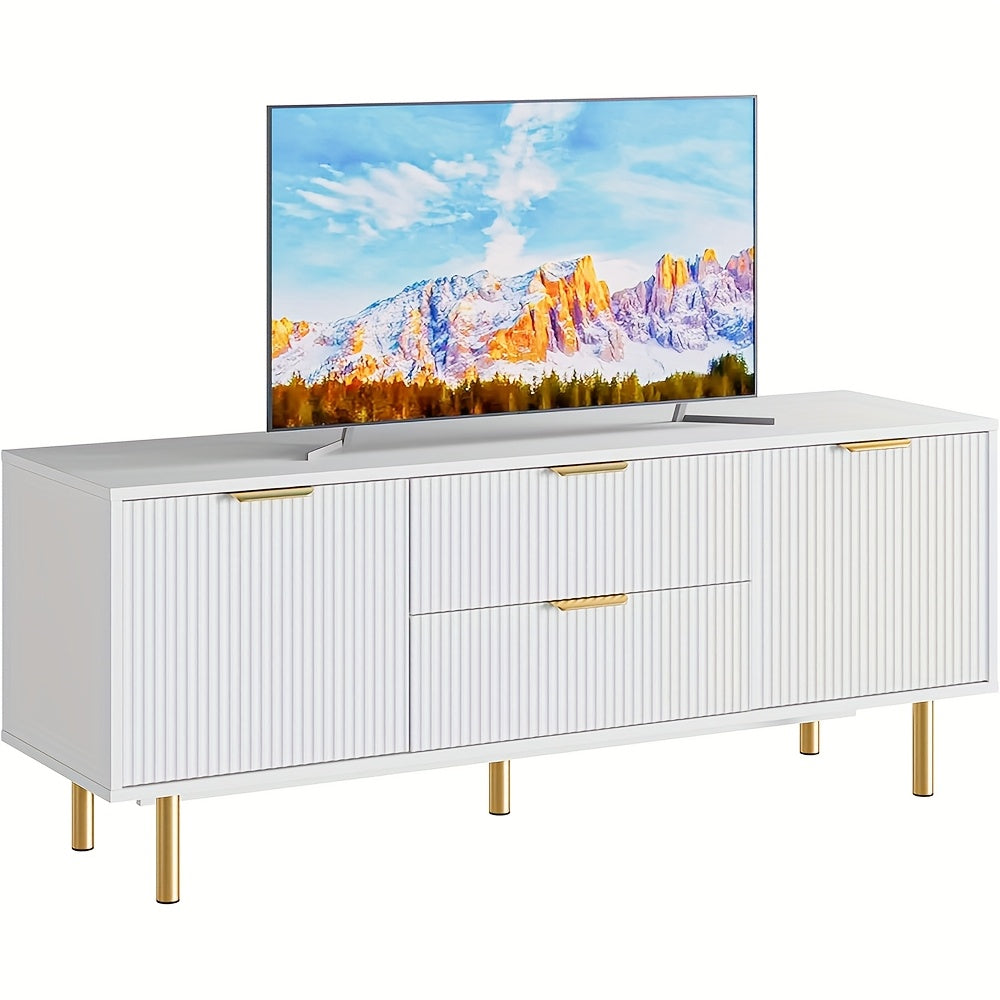 White TV Cabinet For TVs Over 65", Modern Living Room Entertainment Center With Storage, White TV Console Table For Bedroom, Corrugated Panel TV Cabinet With 2 Doors And Drawers