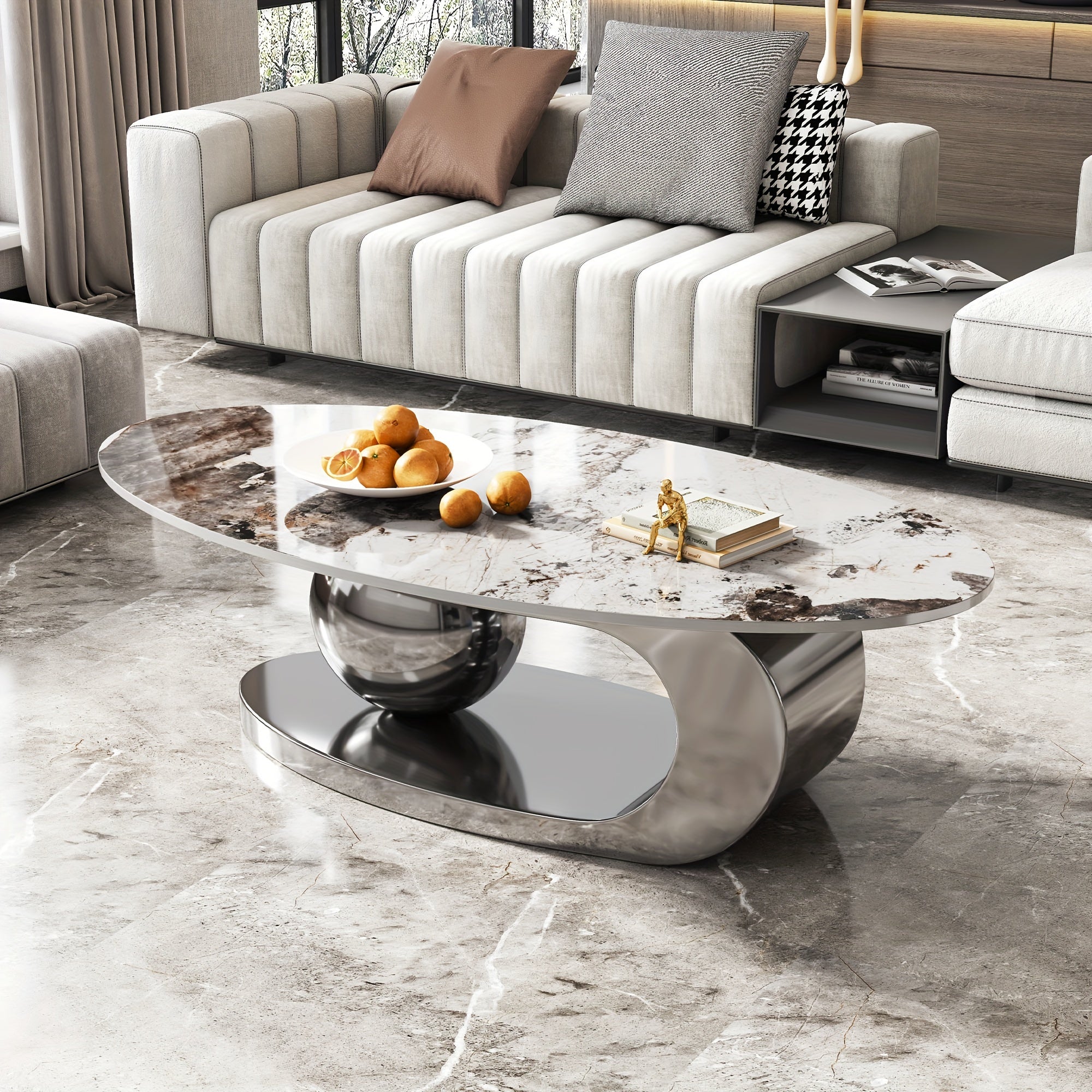 Exquisite Modern Oval Stone Coffee Table With Abstract Gold Gray Metal Base - Perfect Centerpiece For Stylish Living Rooms-Gold Gray 51" Lx27.6 Wx16.5 H.