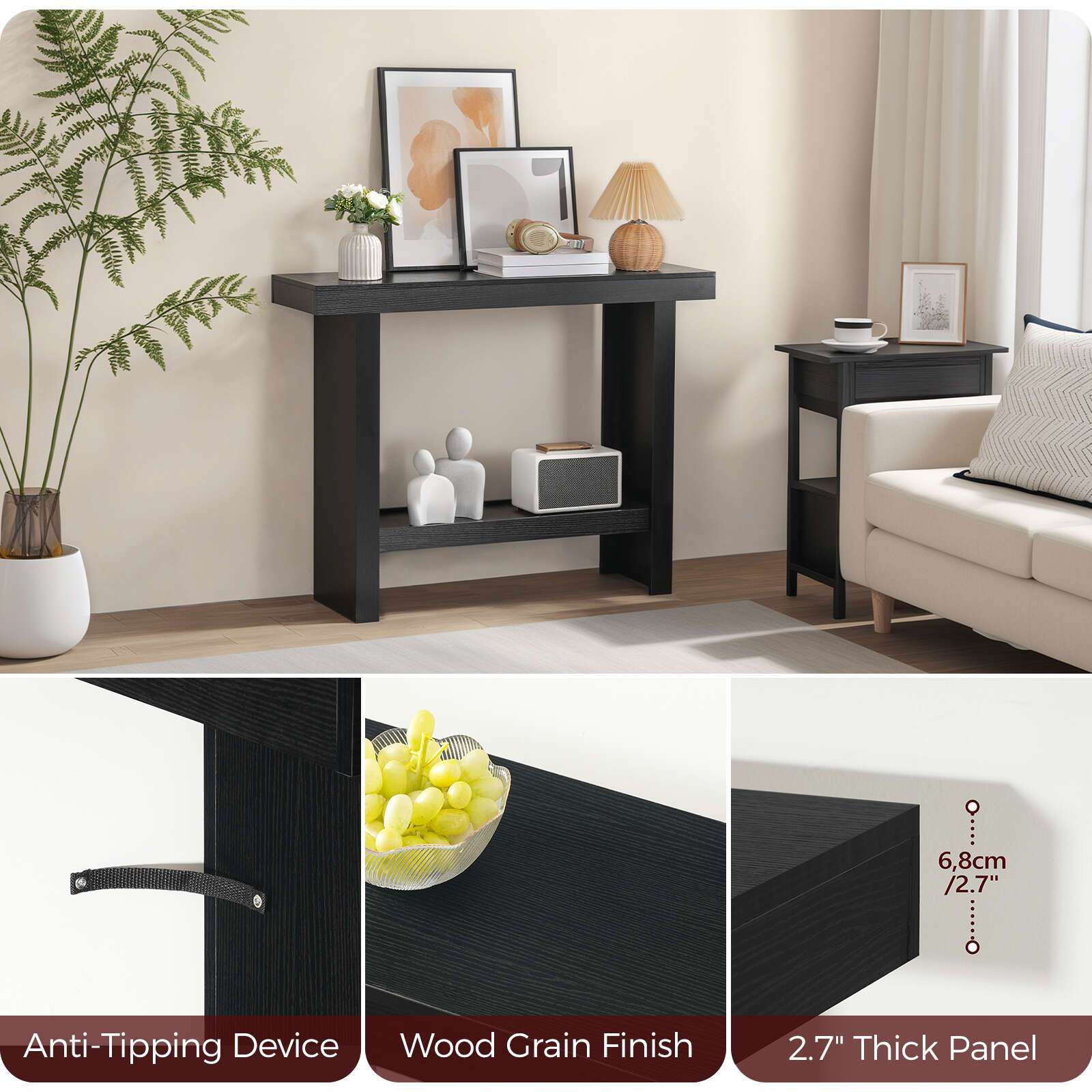 Modern Black Console Table 100 cm - Space-Saving Entryway & Narrow Sofa Side Table, Easy Assembly for Living Room, Hallway, Foyer, MAHANCRIS