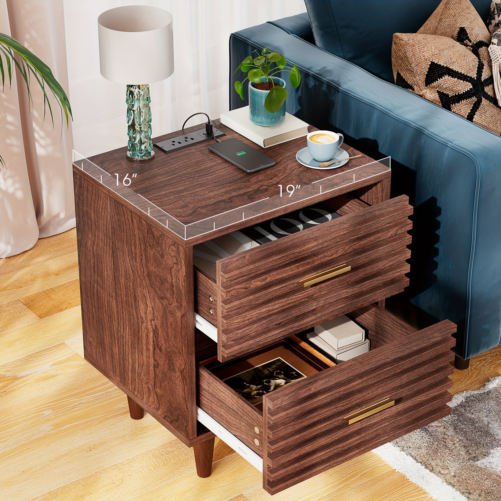 Chic Mid-Century Modern Nightstand with Charging Station - 19"W x 16"D x 24"H Wooden End Table & Sideboard with 2 Drawers, Ideal for Bedroom & Living Room, Sleek Design with Golden Handles