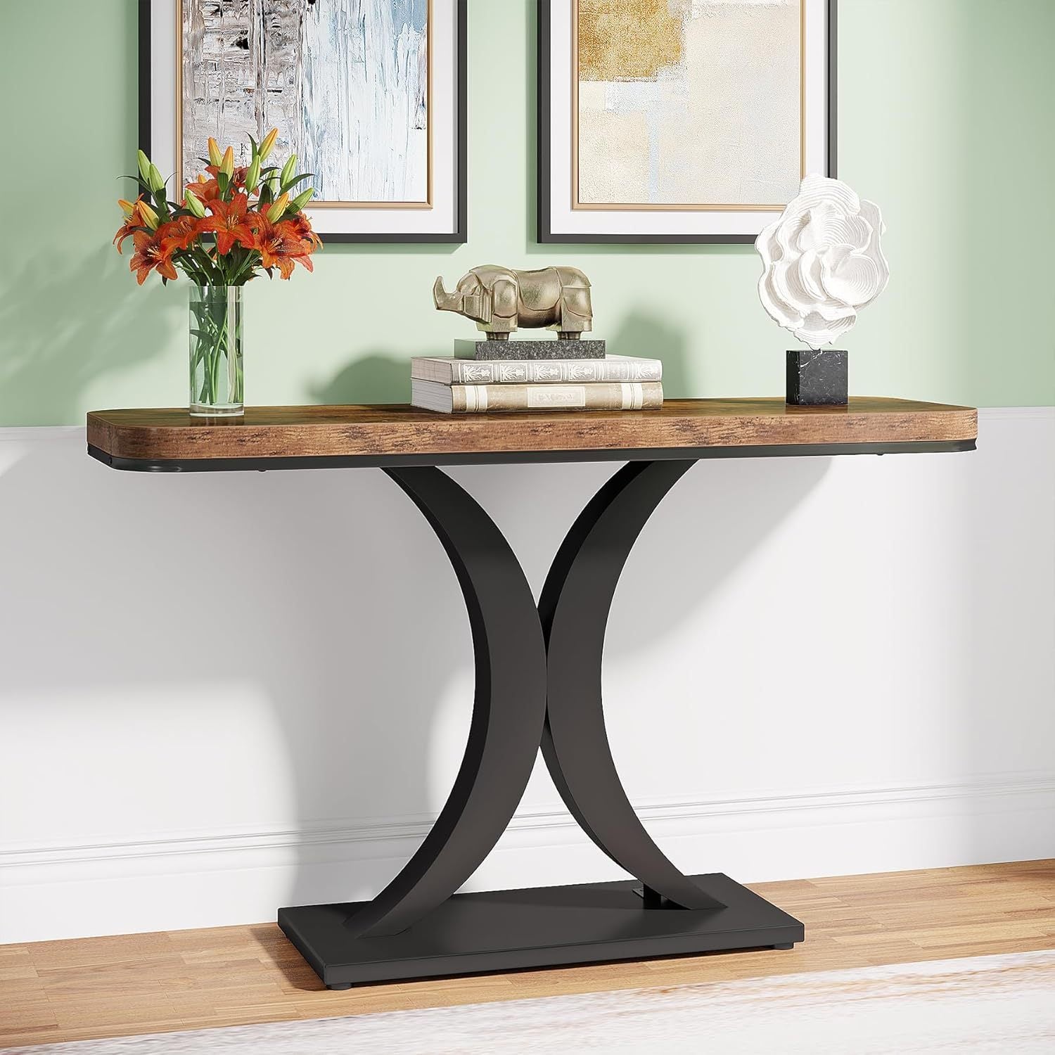 102 cm Slim Console Table - Rustic Two-Tone Design with Geometric Base, Waterproof MDF, Perfect for Entryway, Living Room, or Hallway Decor, Utility Hooks