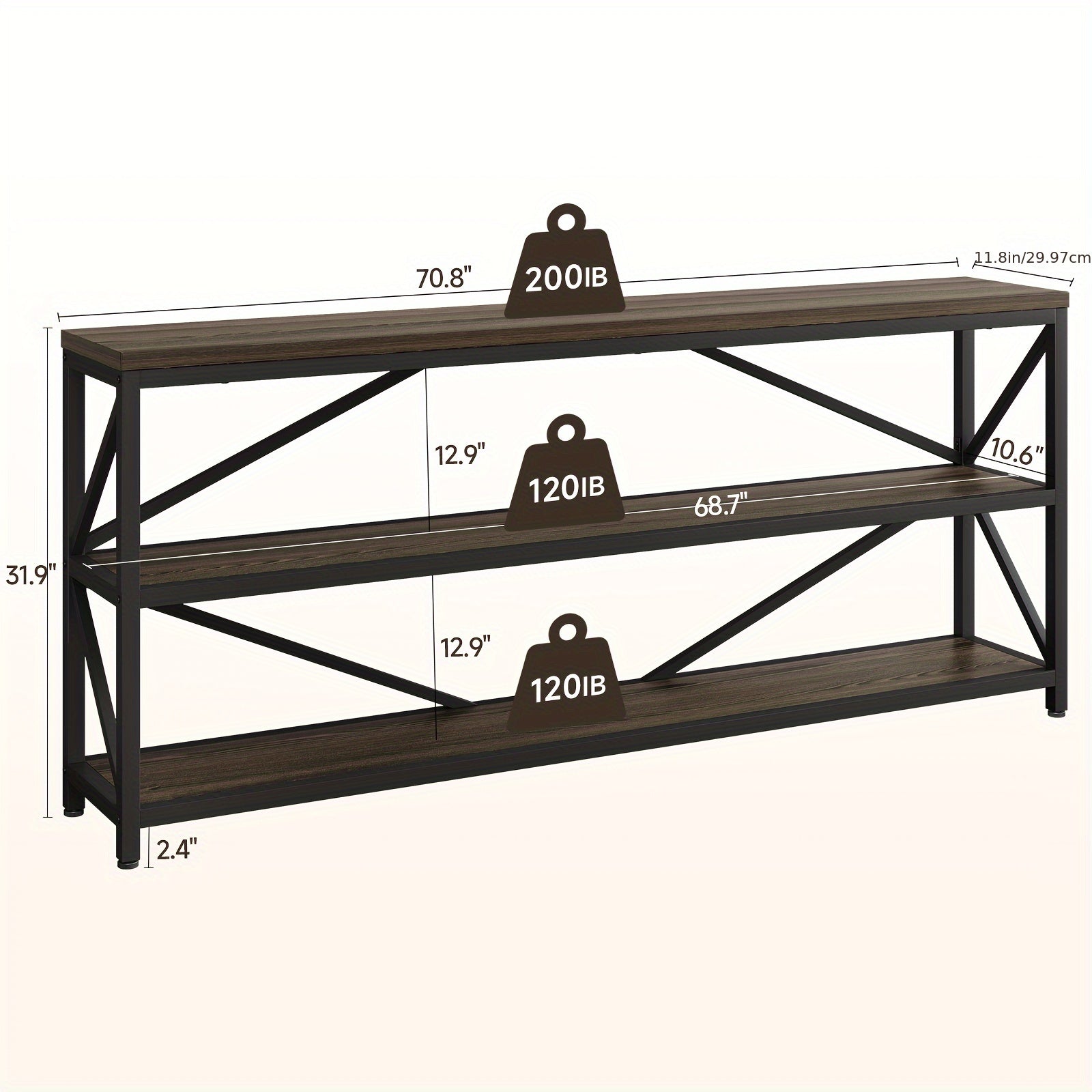 Console Table, Extra Long 180 cm Narrow Sofa Tables with 3 Tier Wood Storage Shelves, Industrial Metal Frame for Entryway Hallway Living Room Behind Couch, Rustic Brown Black