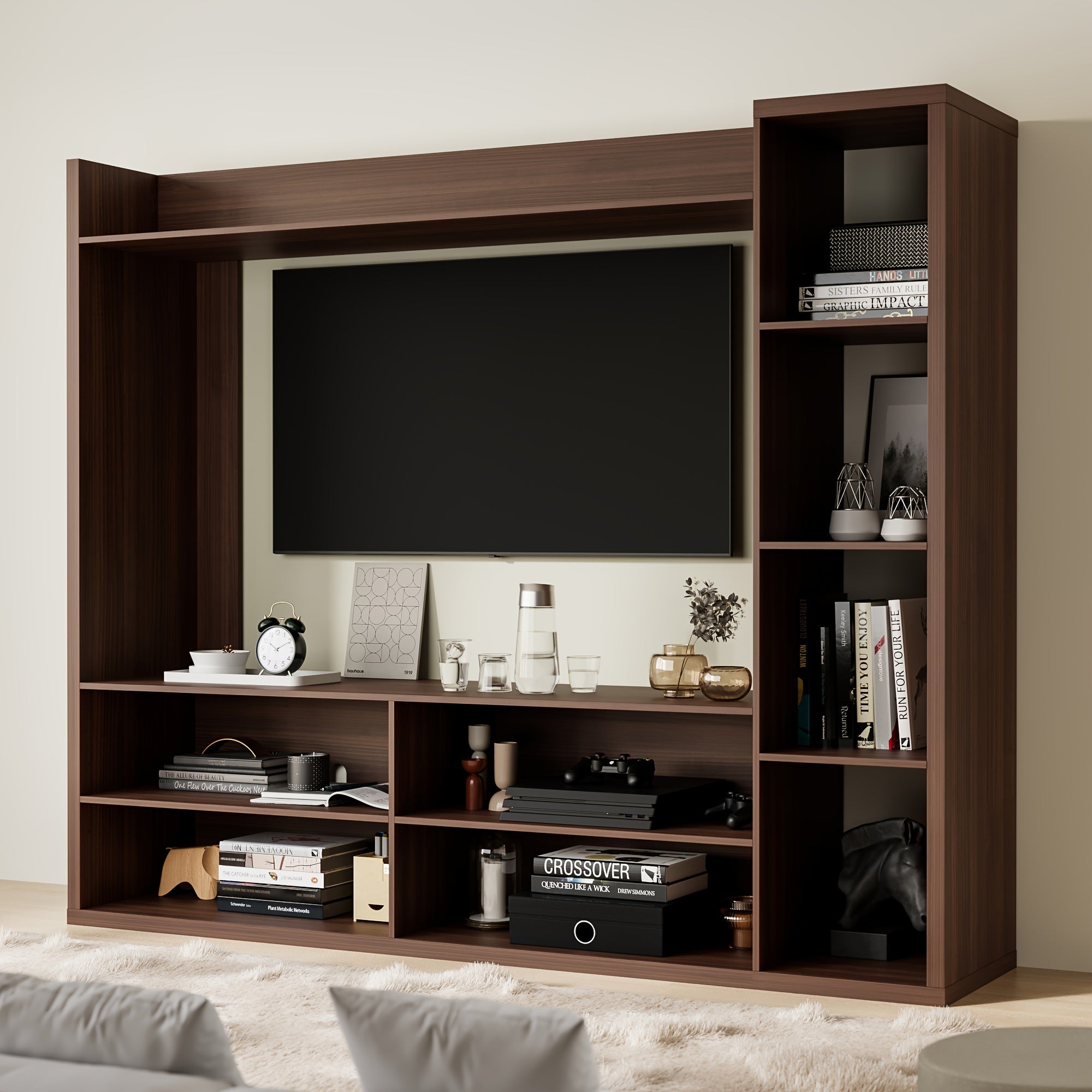 Wall Unit TV Stand With Book Shelves For 178cm Tvs, Wall Mounted Modern Entertainment Centre With Storage Space, TV Console Table With 8 Cubes For The Living Room