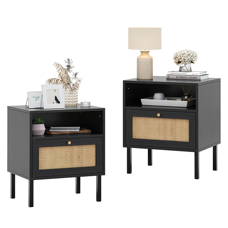 Rattan Single Door Nightstand (Set Of 2) Black, Nightstand With Open Shelves And Doors, Bohemian End Table, Storage Drawer Units