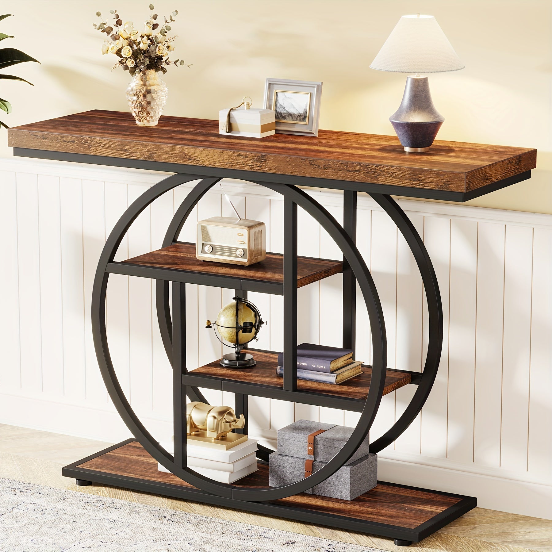 105.2 cm Console Table, 4-Tier Sofa Table Entryway Table with Circle Base, Narrow Accent Tables with Storage Shelves for Living Room, Hallway, Foyer, Rustic Brown