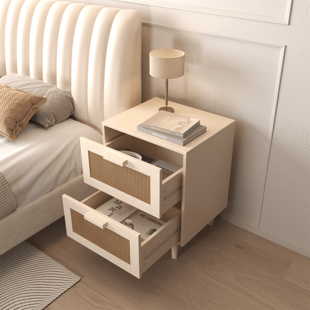 Rattan Nightstand, Wood End Table, Side Table with 2 Faux Rattan-Decorated Drawers, Bedside Table, Wood Accent Table with Storage for Livingroom, Bedroom, Burly wood