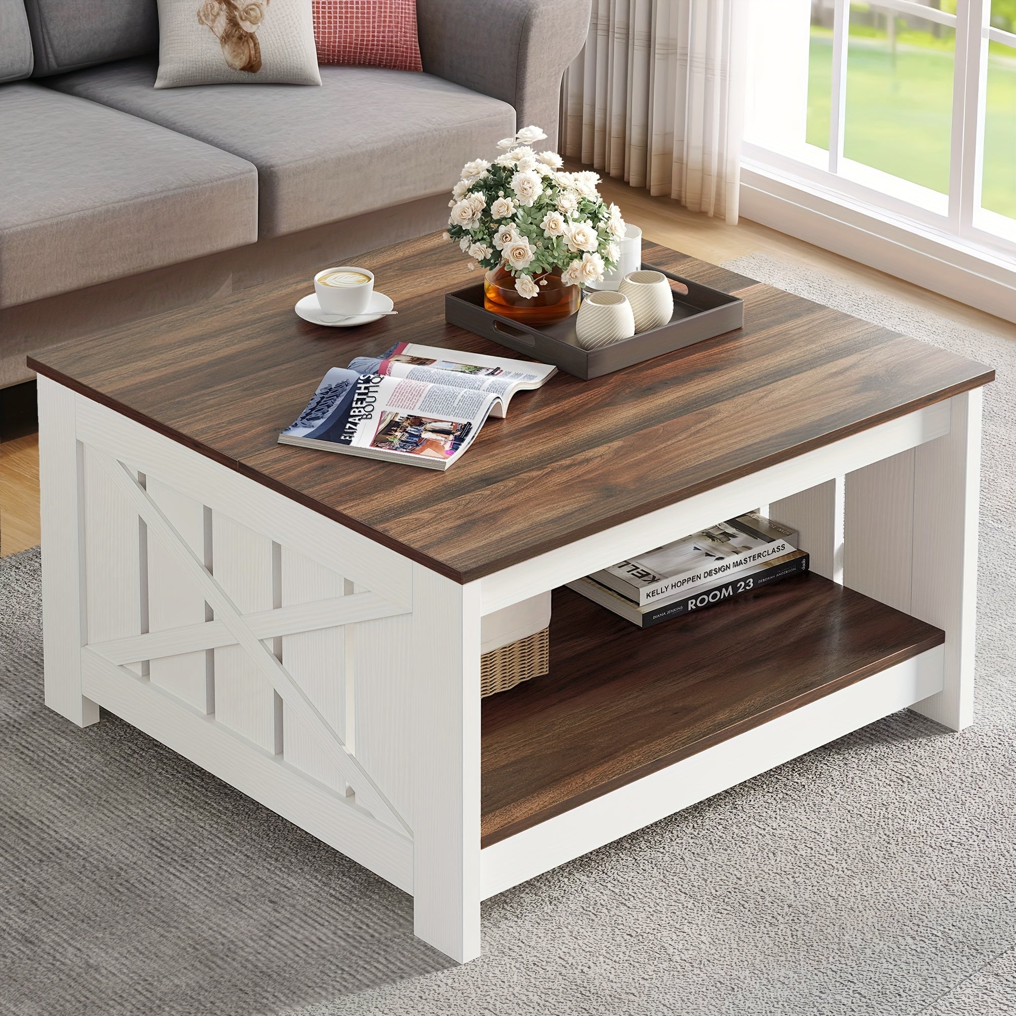 Farmhouse Coffee Table with Storage: Solid Wood Square Design for Living Room