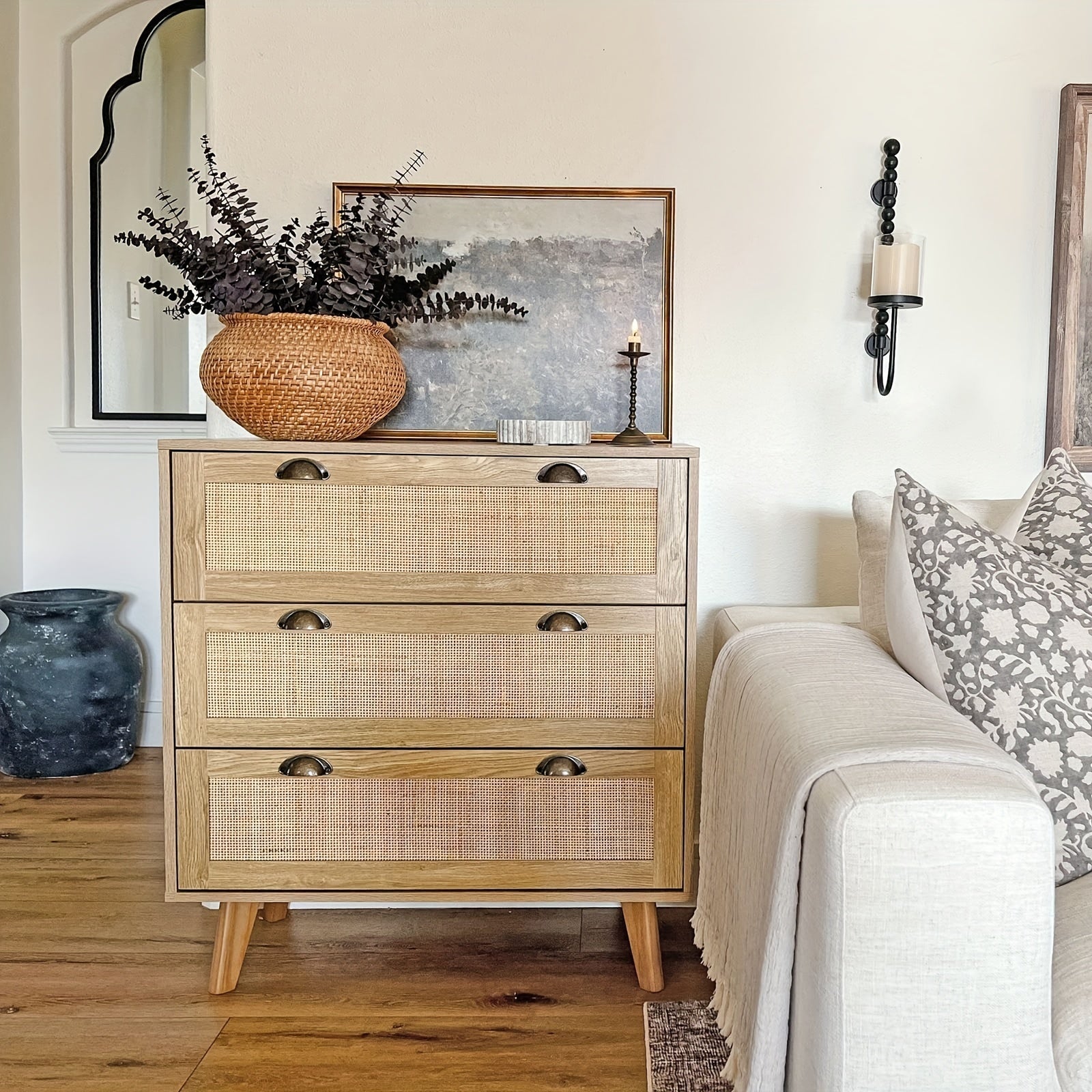 Rattan Dresser - Rattan Nightstand Boho Cabinet Small Dresser 3 Drawer Dresser/Side Table/Bedside Table, Rattan Cabinet